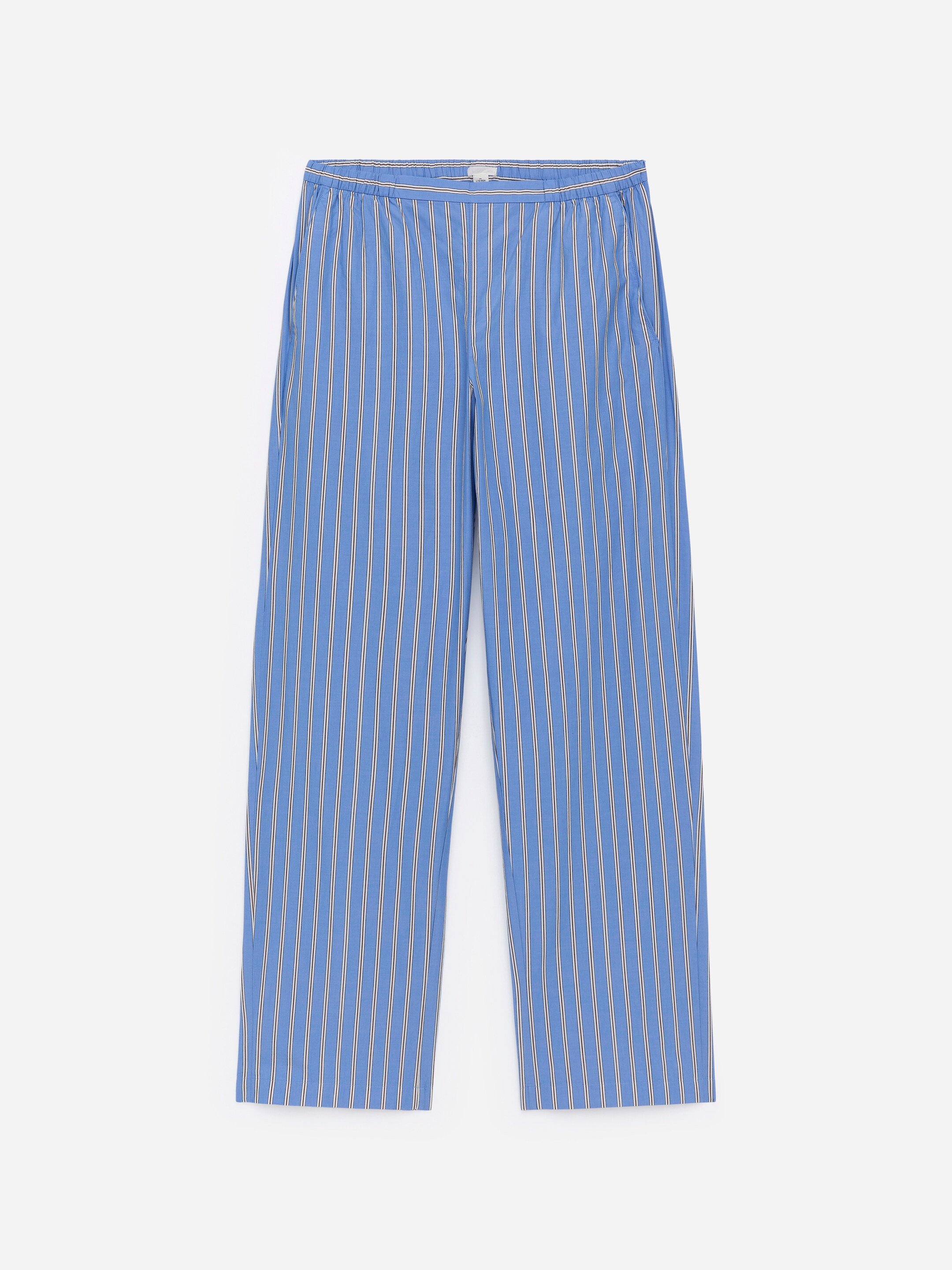 Agrandir l'image: Pantalon de pyjama bleu avec de fines rayures verticales blanches présenté à plat, montrant leur devant. Ils sont dotés d'une taille élastiquée et de poches latérales en biais.
