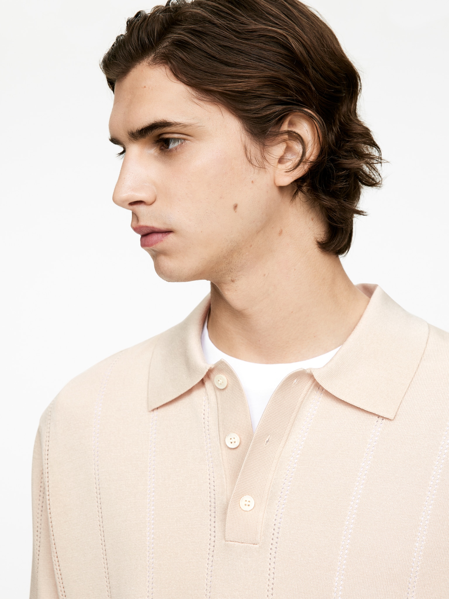 Poloshirt im Pointelle-Strick - Beige/Dunkelblau - 4