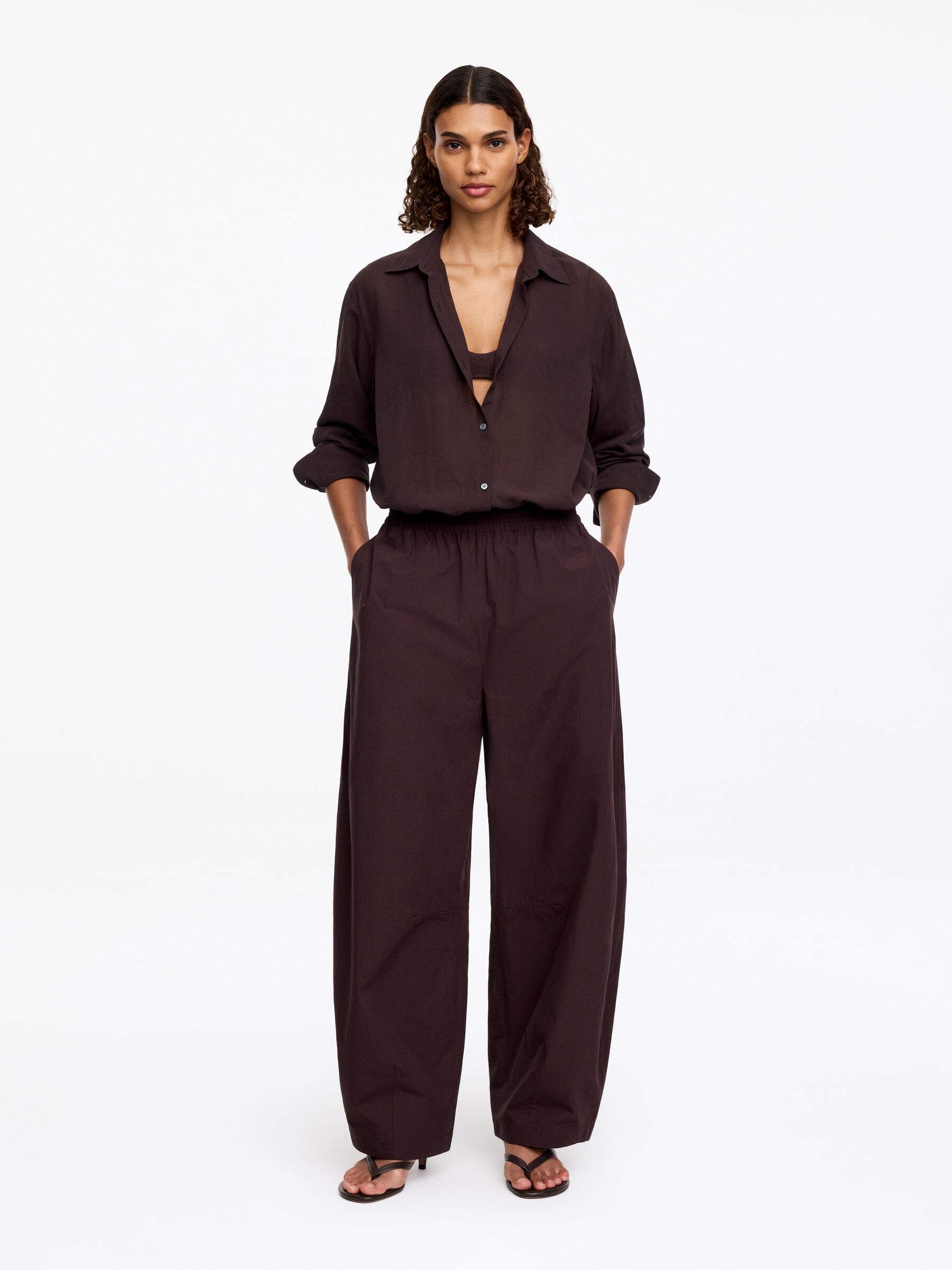 Barrel-Leg Cotton Trousers-#3C2A2B-18114