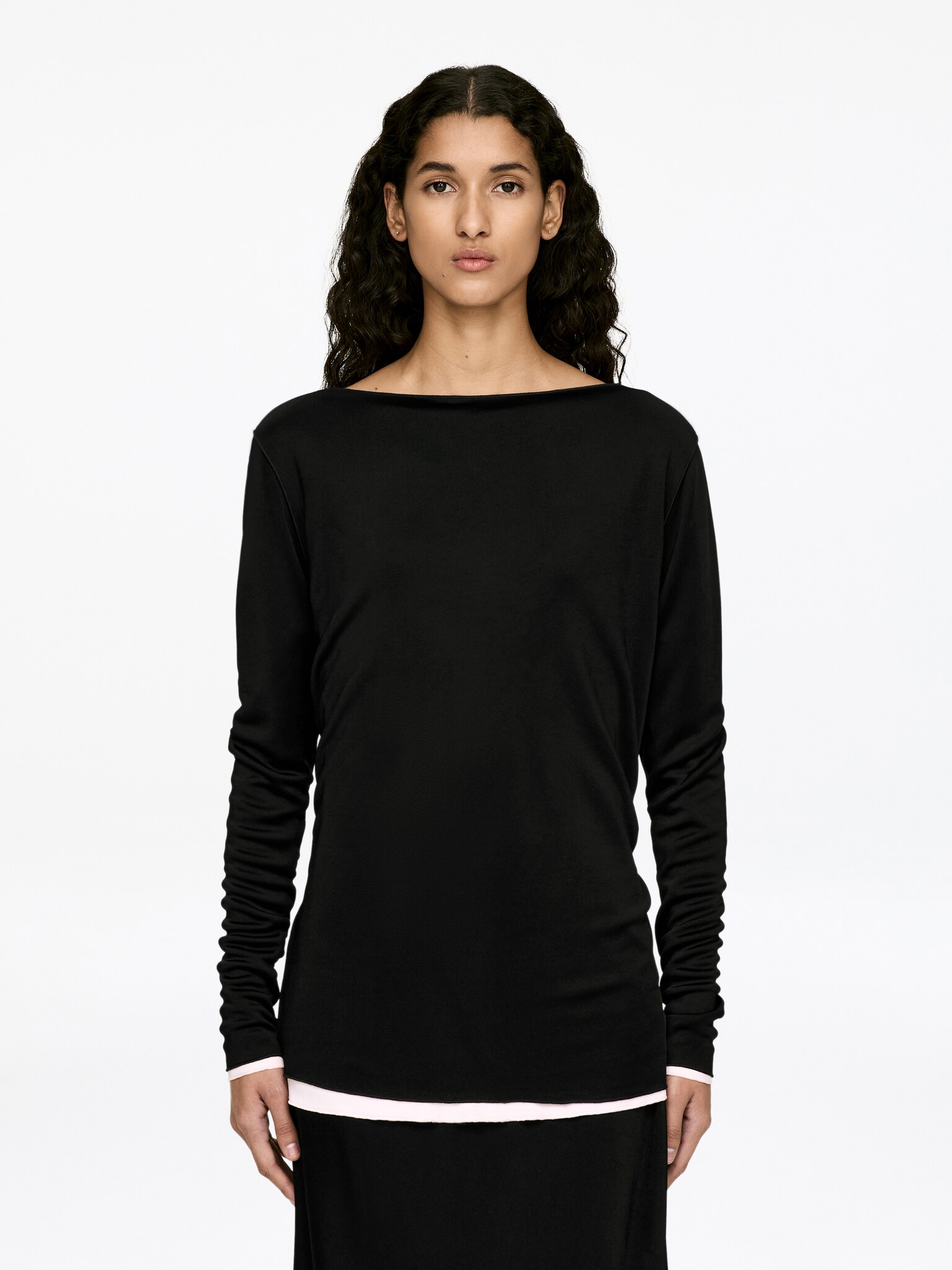 Satin Boat-Neck Top - Black/Pink - 1