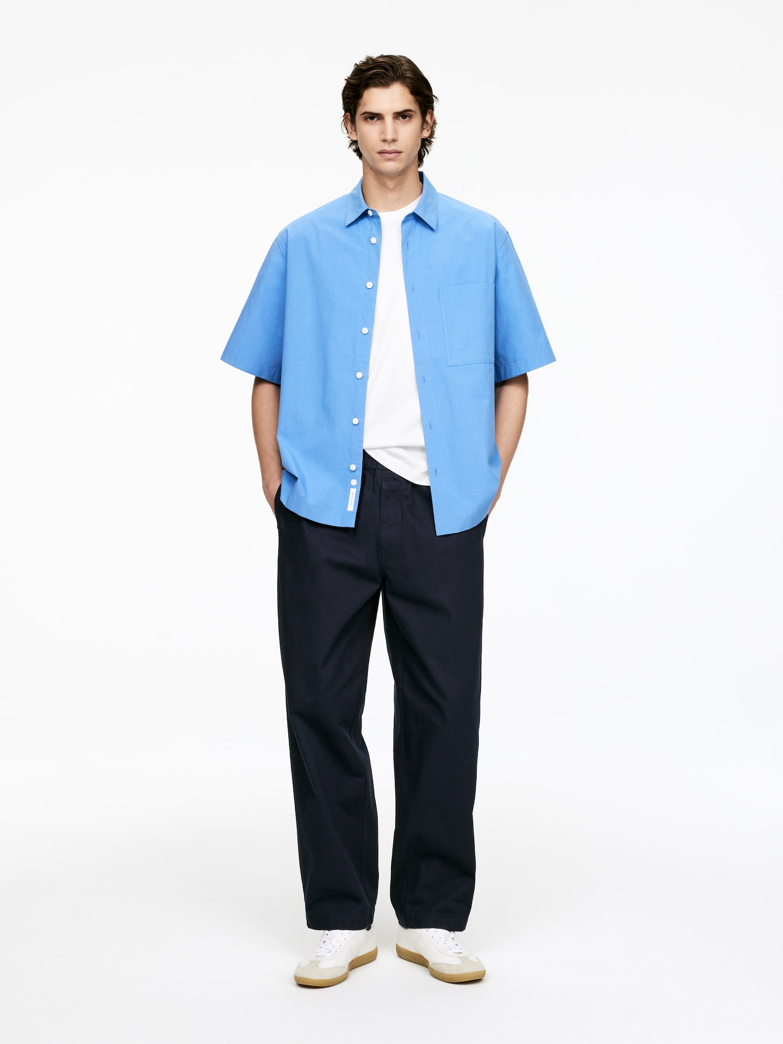 Pantaloni dalla vestibilità rilassata in cotone e lino - Blu scuro/Bianco sporco