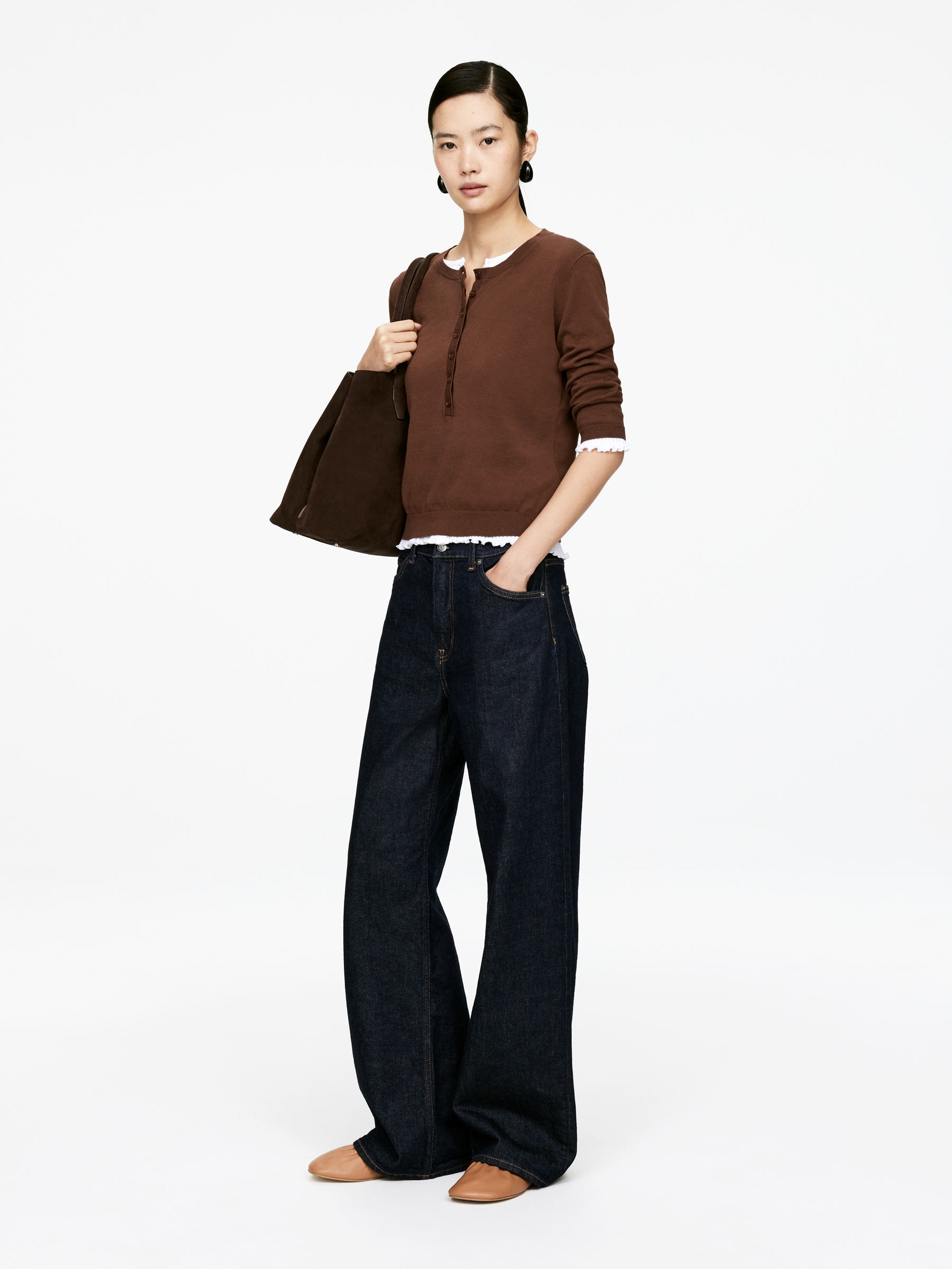 Cotton Henley Top - Dark Brown - Slim fit - Women - StillMedia/Lookbook - 6