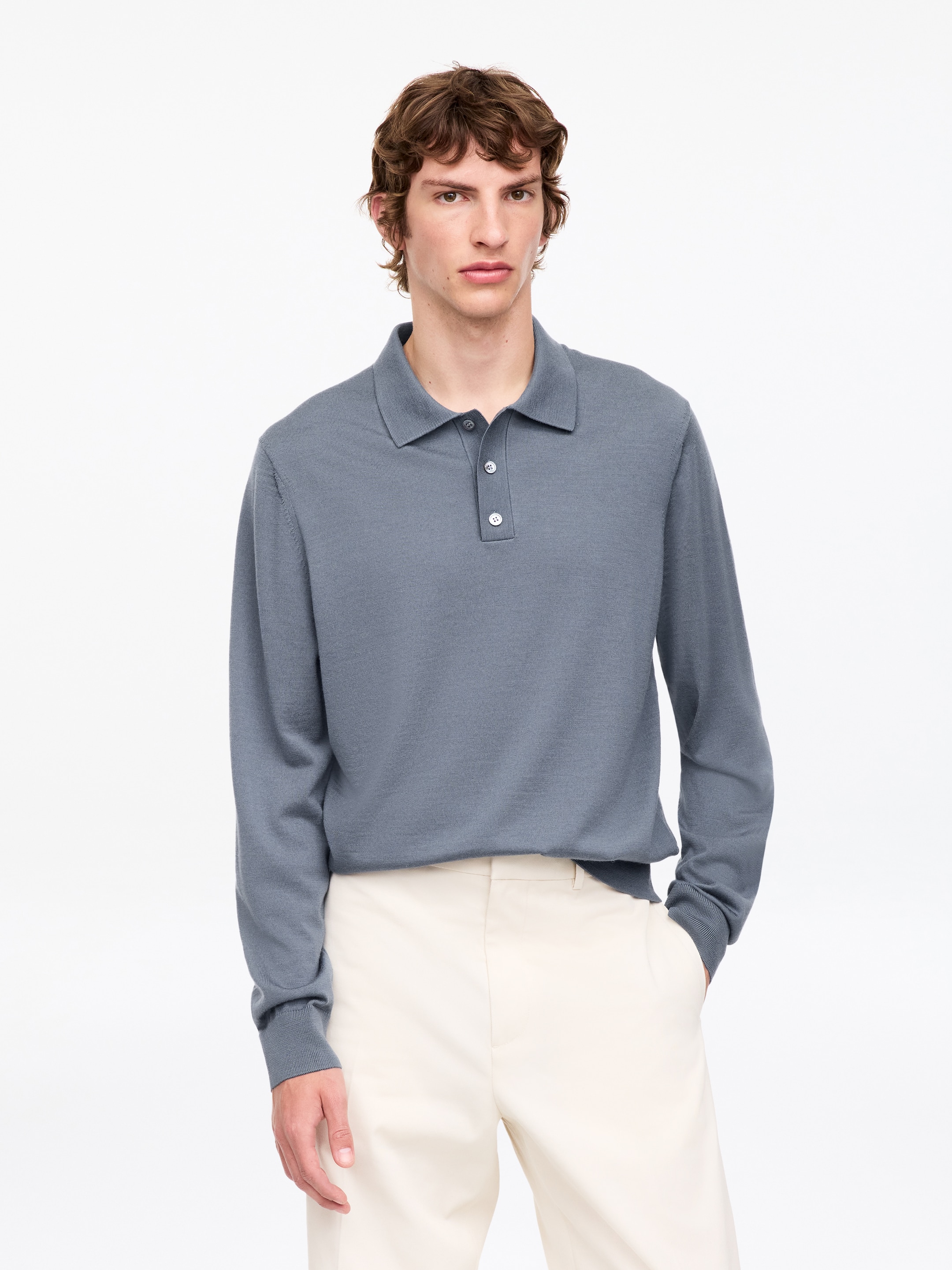Maglione in stile polo in lana merino-Grey-19745