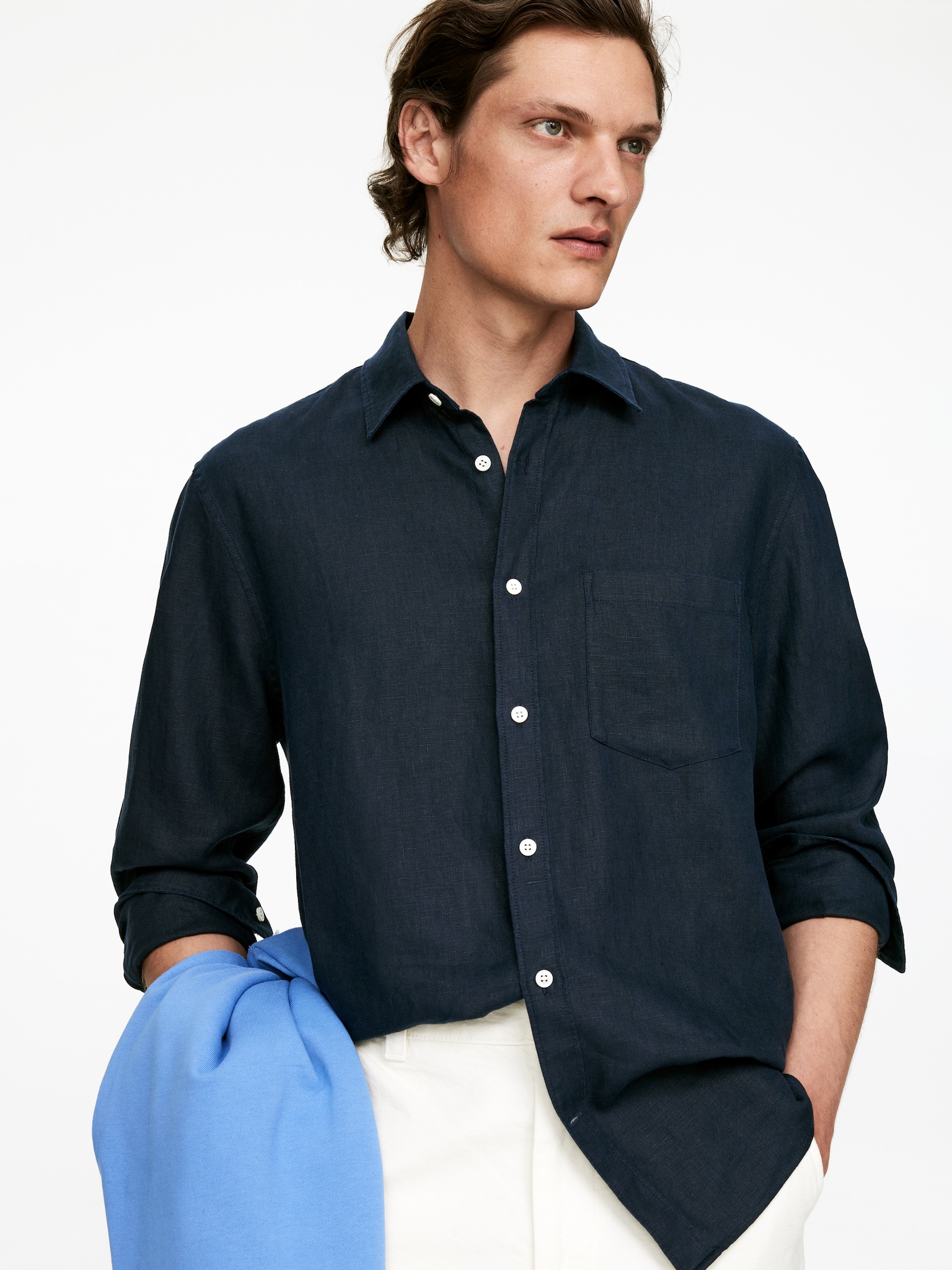 Chemise en lin de coupe classique - Bleu foncé/Beige/Bleu/Blanc/Vert foncé/Vert poudré/Blanc cassé/Marron - 3