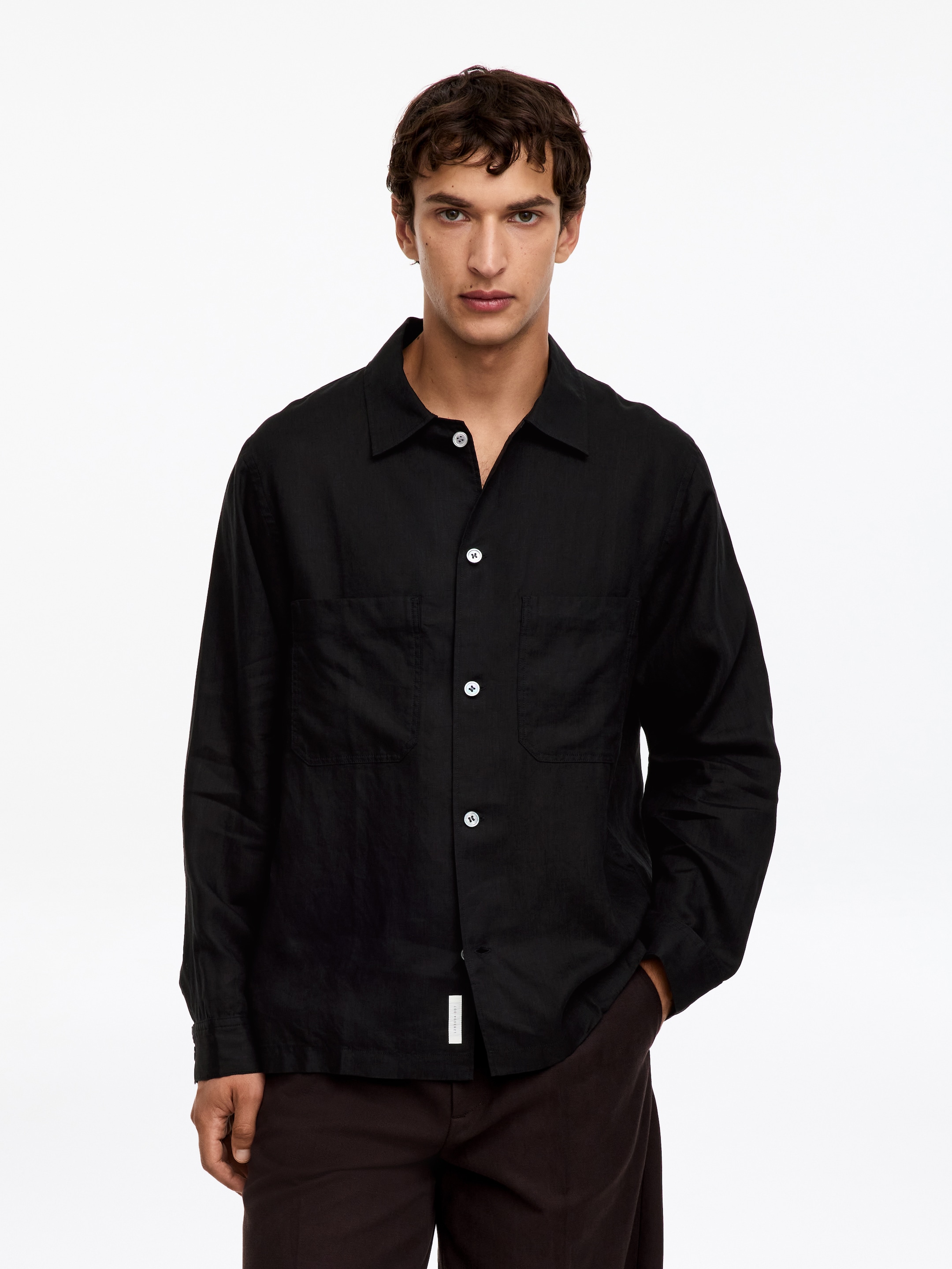 Camisa de lino holgada-Black-20004