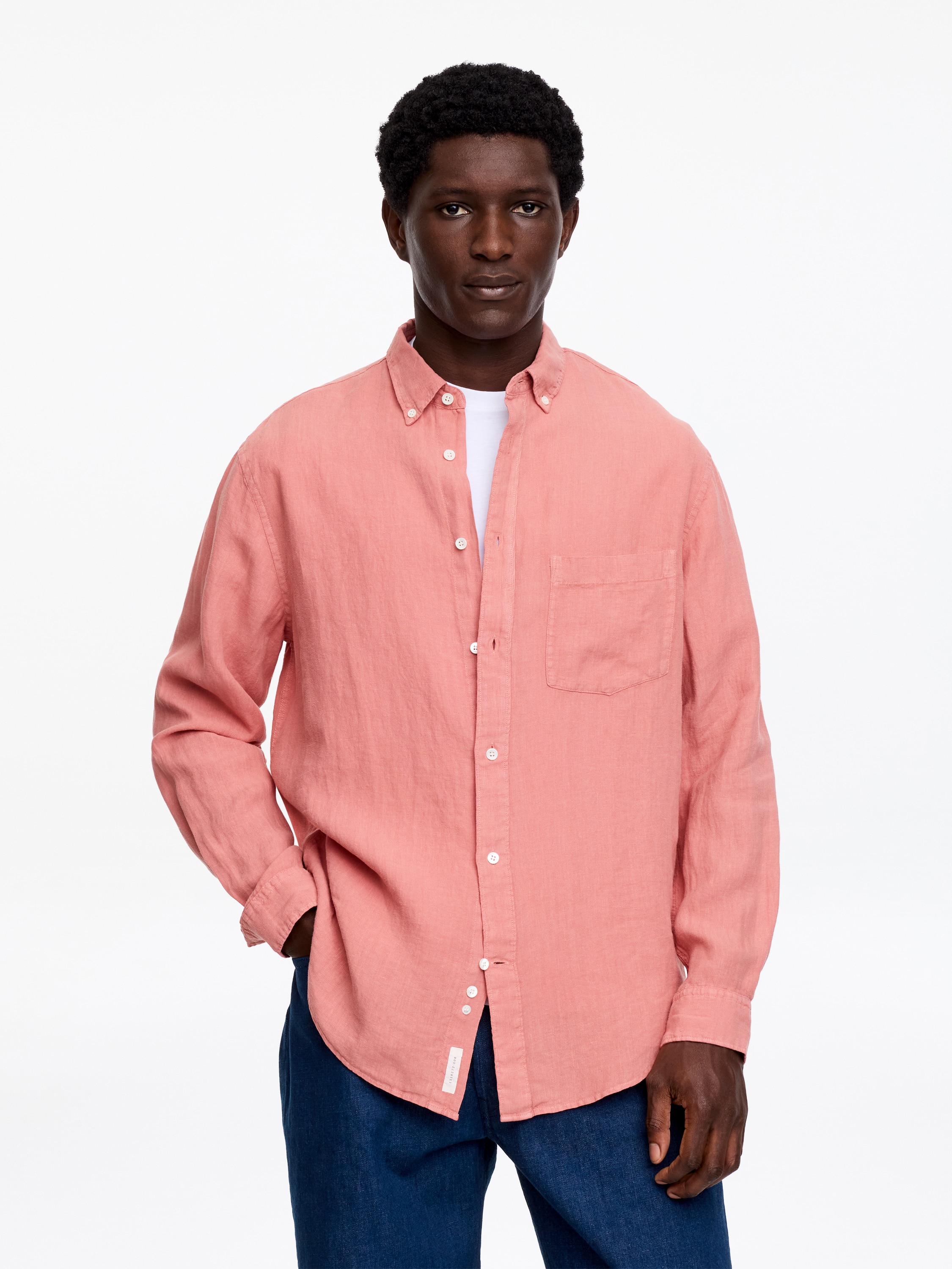 Avslappet linskjorte - Støvet mørk rosa/Offwhite