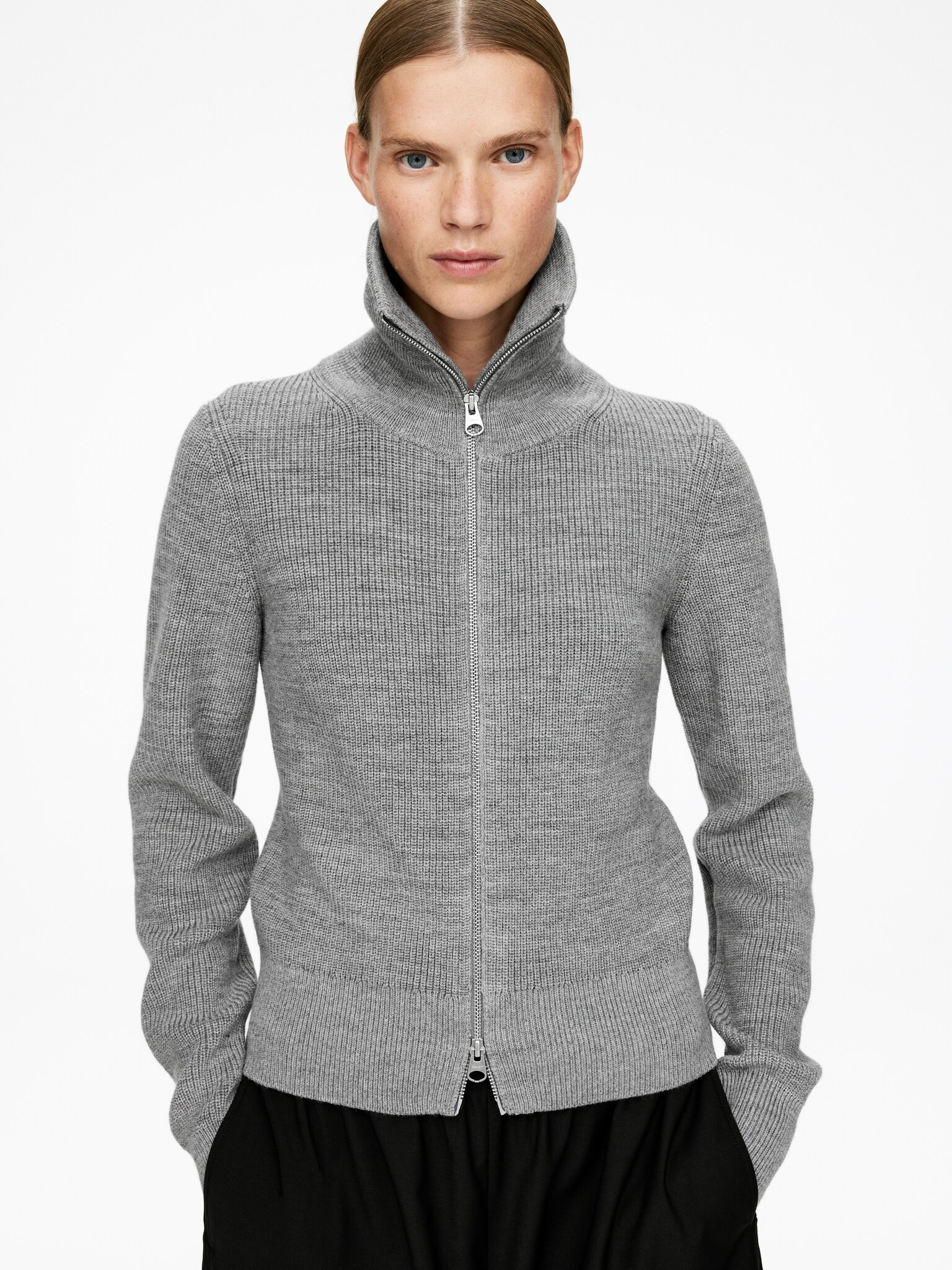 Ull-/bomullscardigan med glidelås - grå/Offwhite - 5