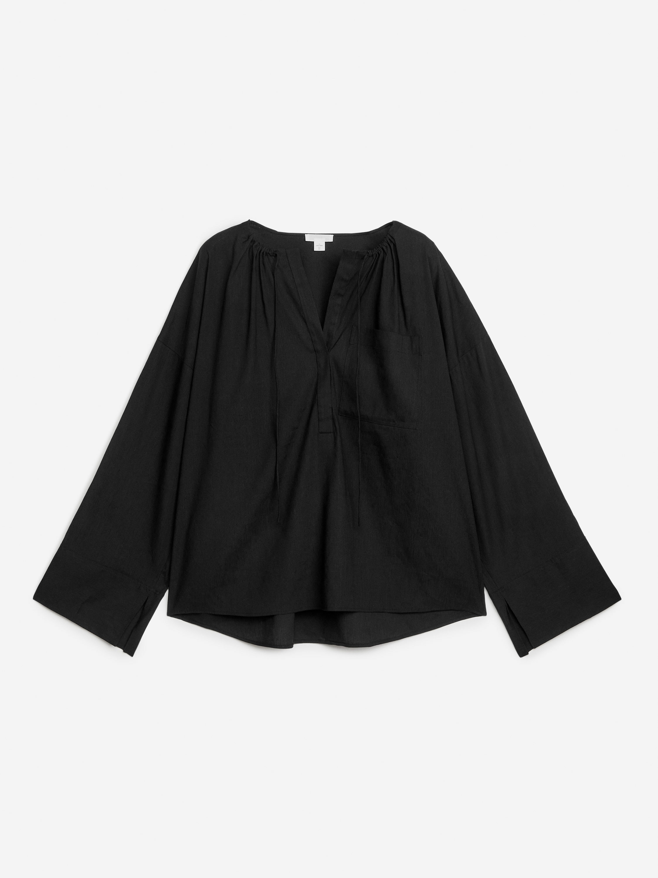 Drawstring Linen-Blend Blouse-Black-6945
