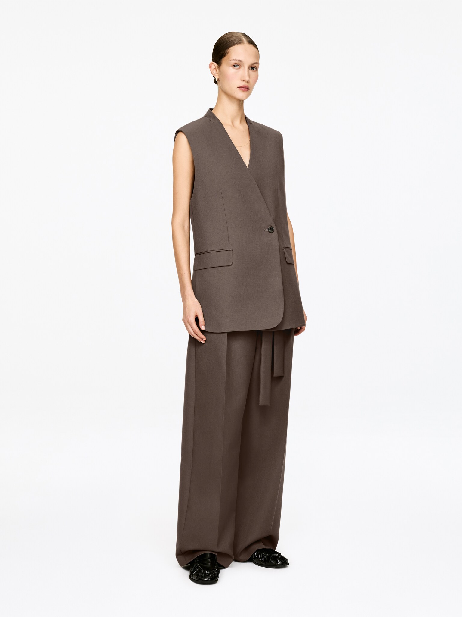 Szabott gyapjúkeverék mellény - Dark Mole - 6