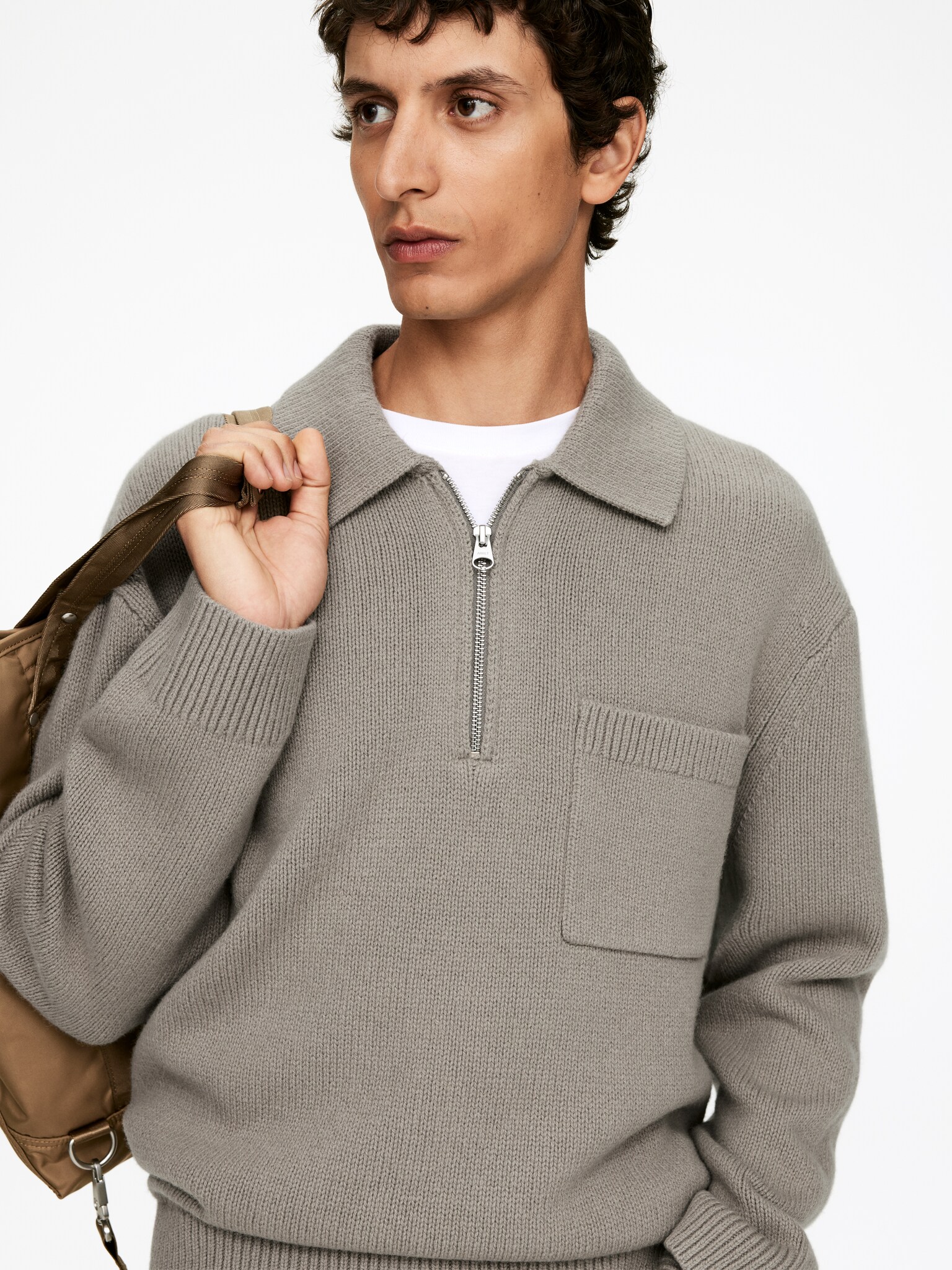 Gebreid wollen poloshirt met rits - Taupe/Zwart/Grijs/Donkergroen/Bruin - 4