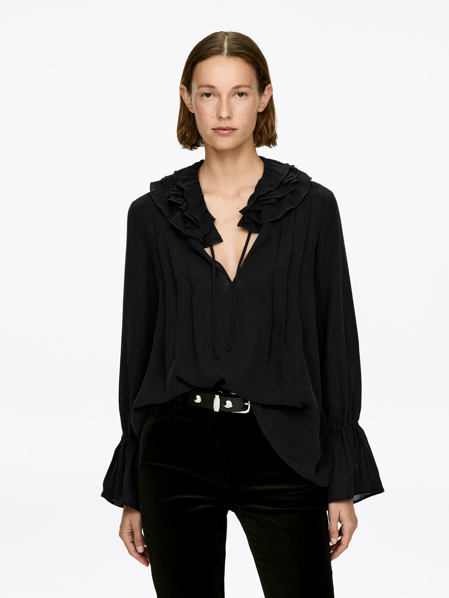 Blouse à col volanté - Noir/Beige - 1