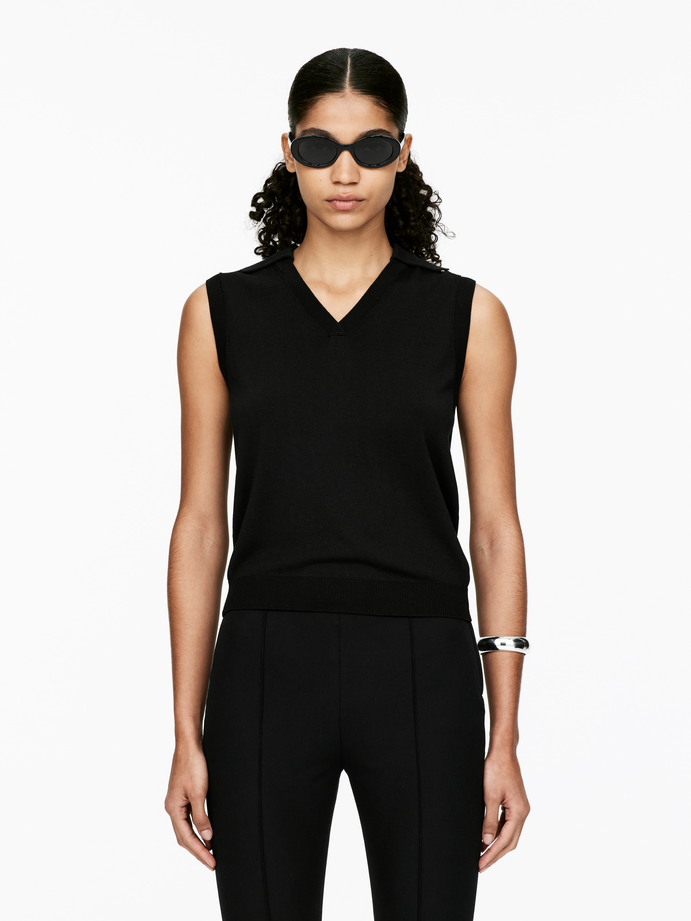 Knitted V-Neck Vest - Fekete/Dusty Pink