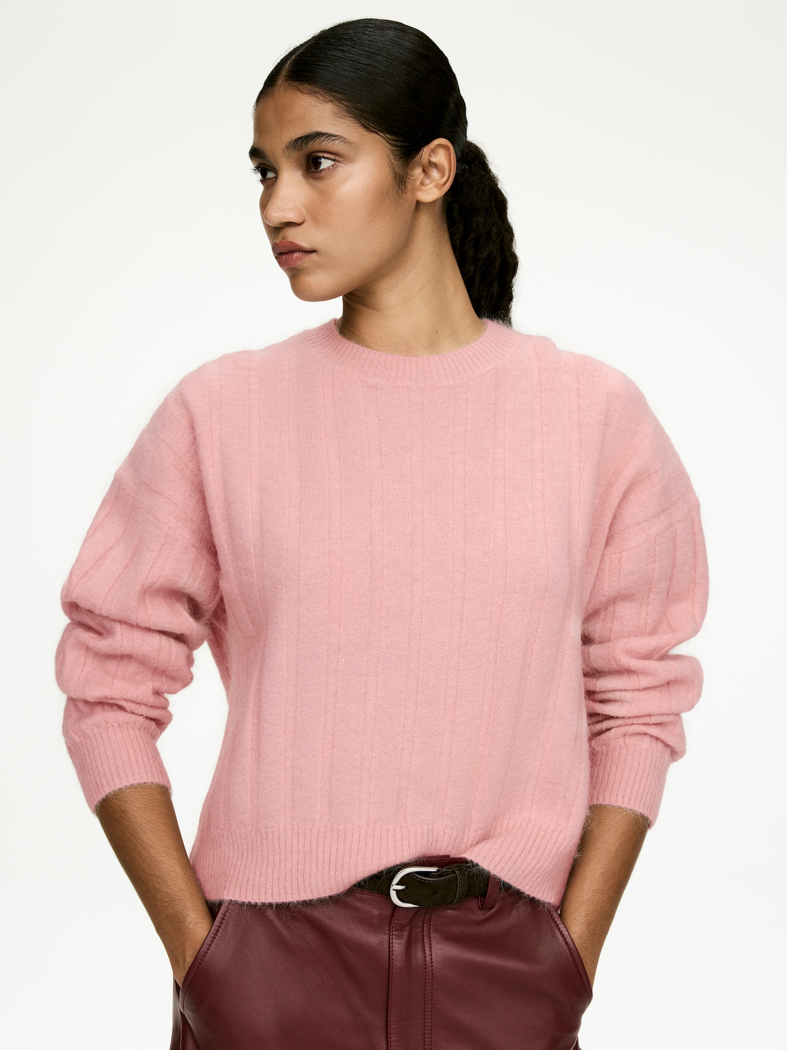 Pull en laine et mohair - Rose poudré/Marron foncé - 5