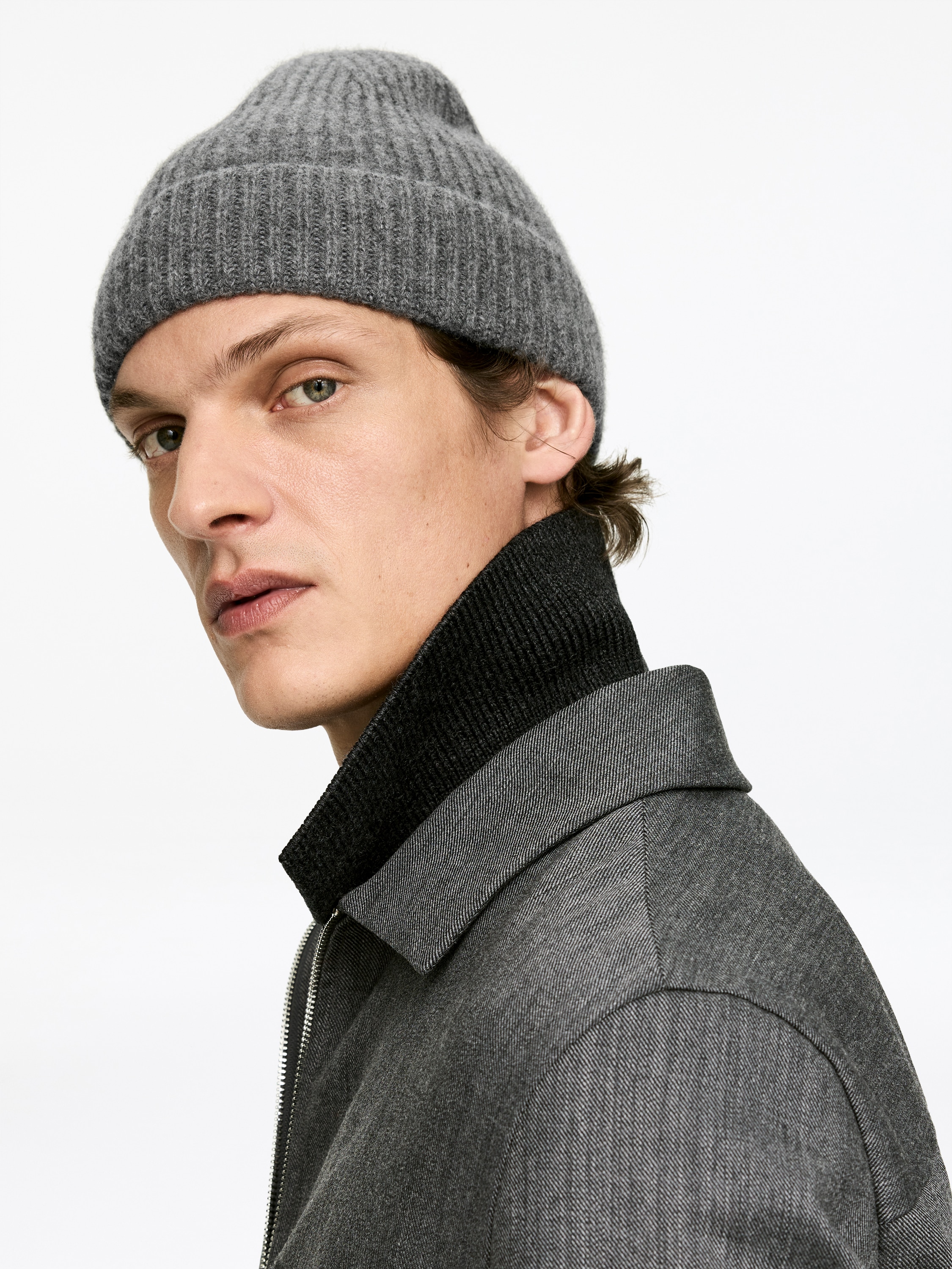 Beanie aus Kaschmir und Wolle - Graumeliert/Schwarz