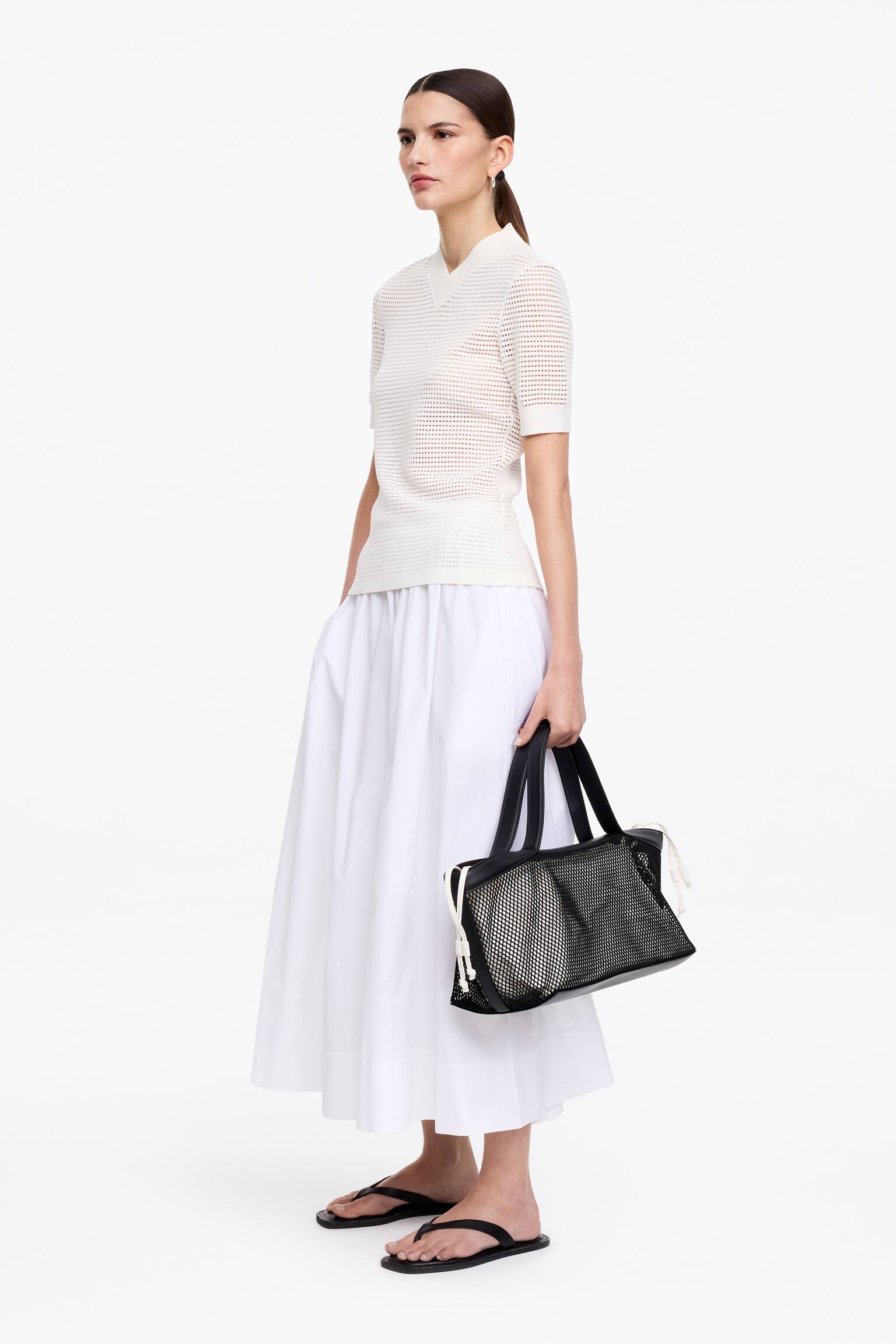 Pointelle-strikket bluse med V-hals - Hvid - 4