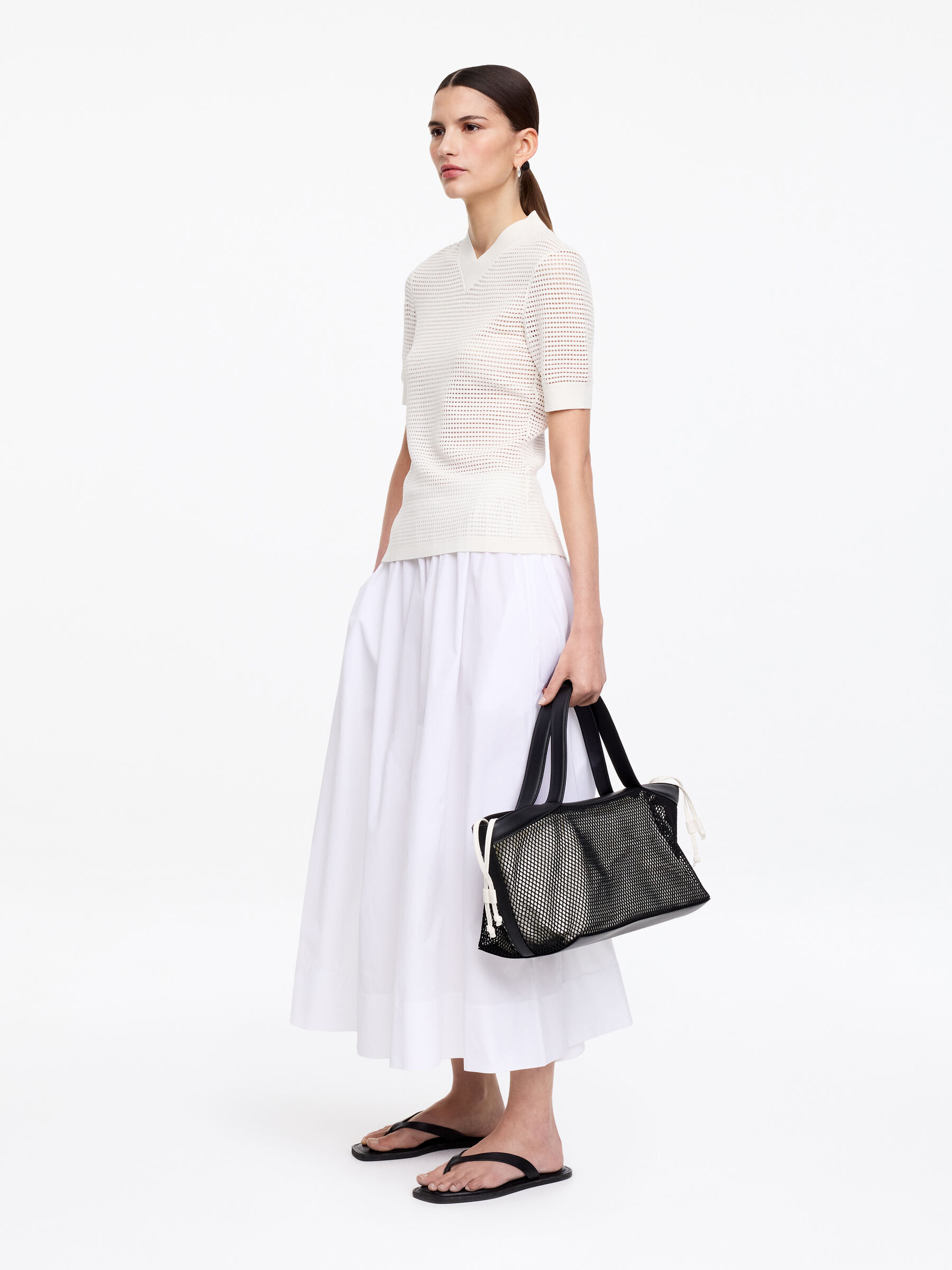 Haut à col en V en maille pointelle - Blanc - Slim fit - Femme - StillMedia/Lookbook - 5