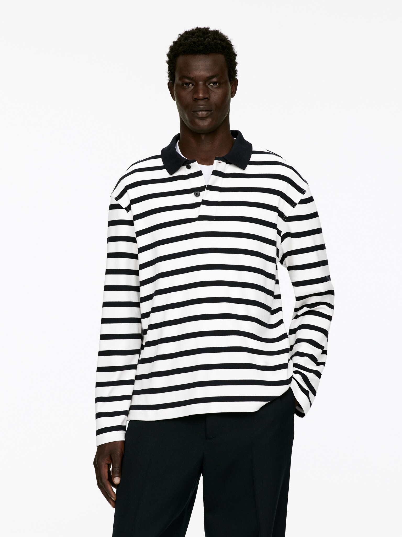 Long-Sleeve Polo Shirt - White/Dark Blue