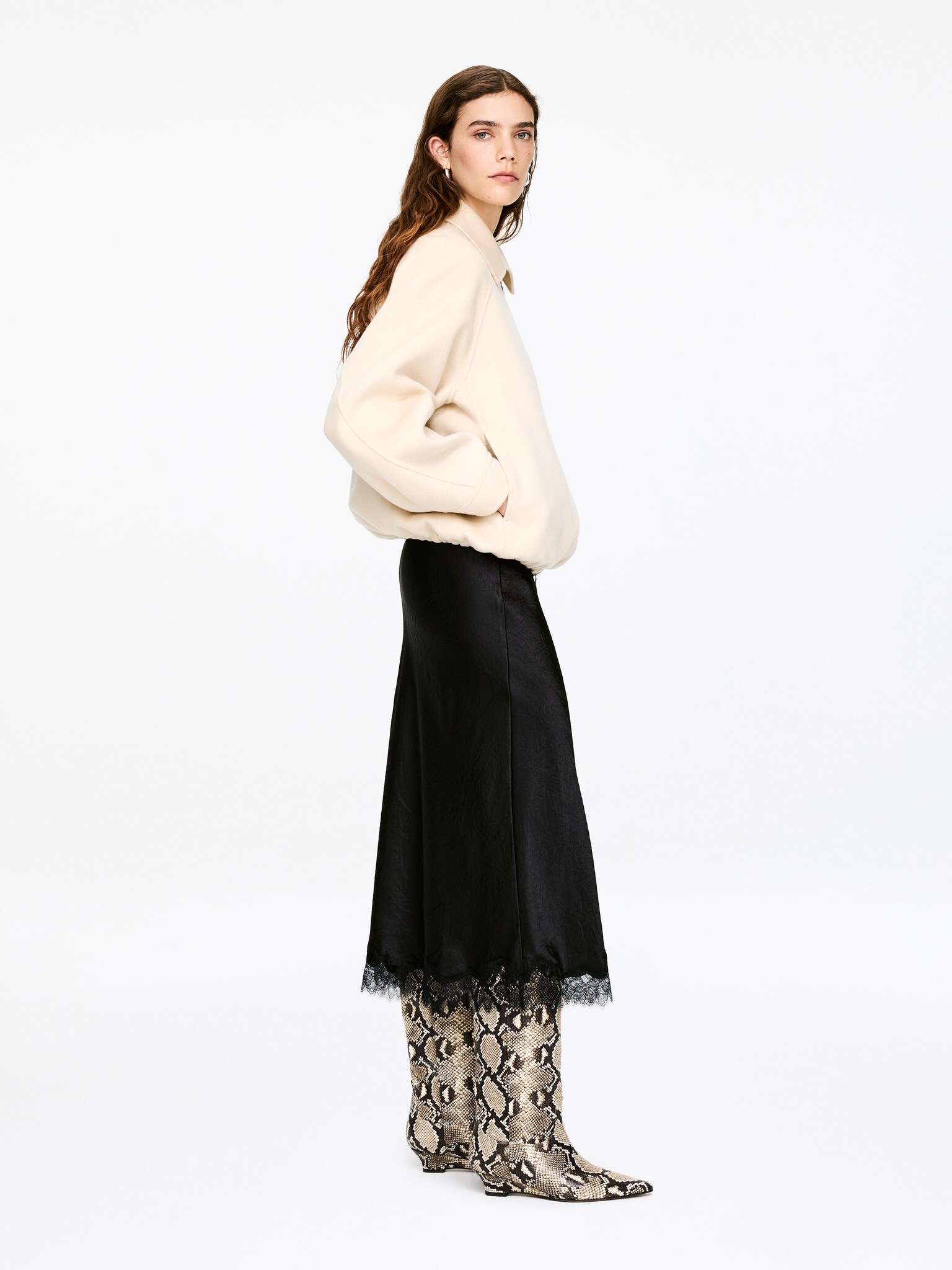 Lace-Detail Satin Skirt - Black/Dusty Turquoise - 4