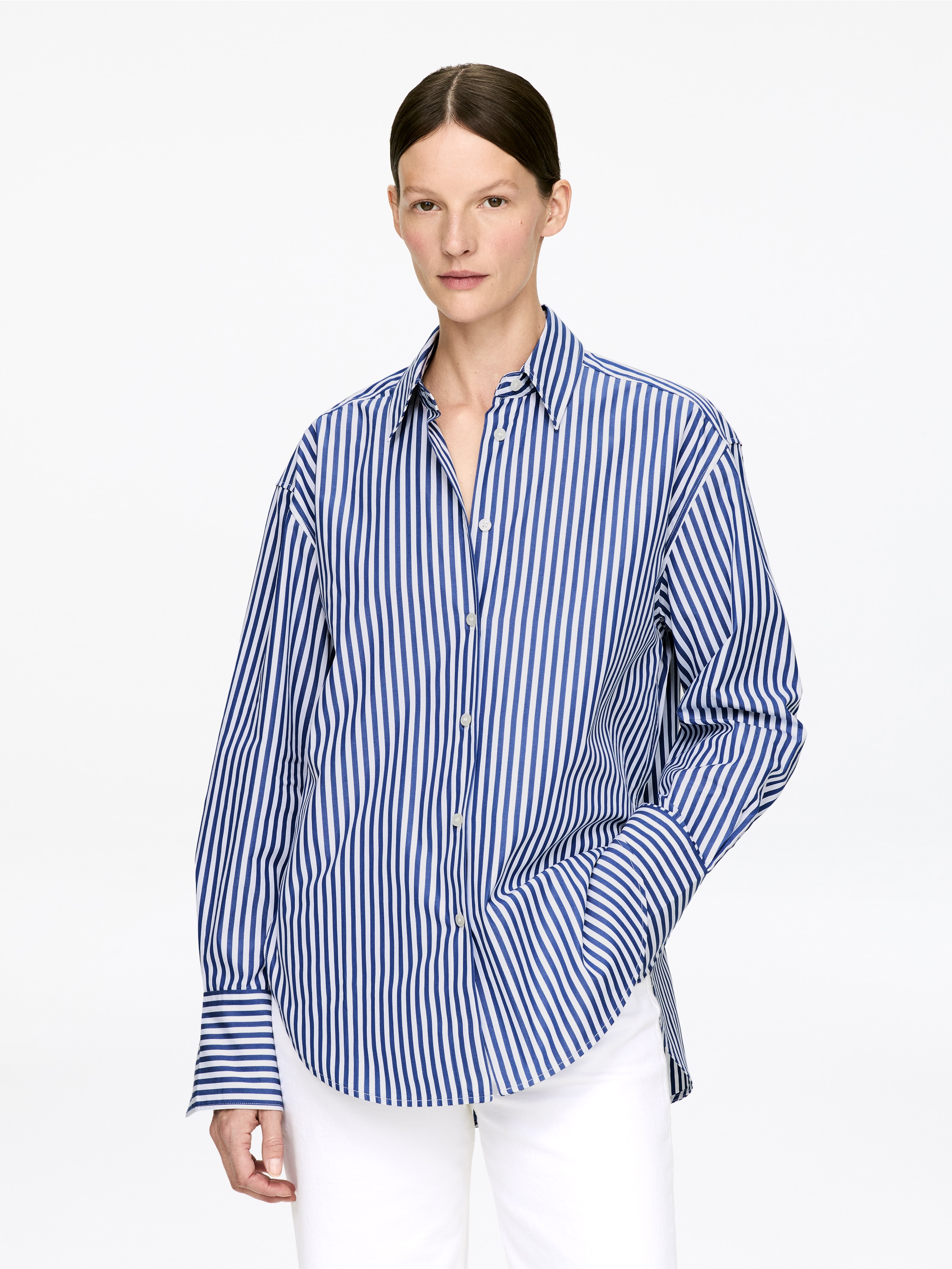 Volná košile z popelínu - Modrá/Bílá/White