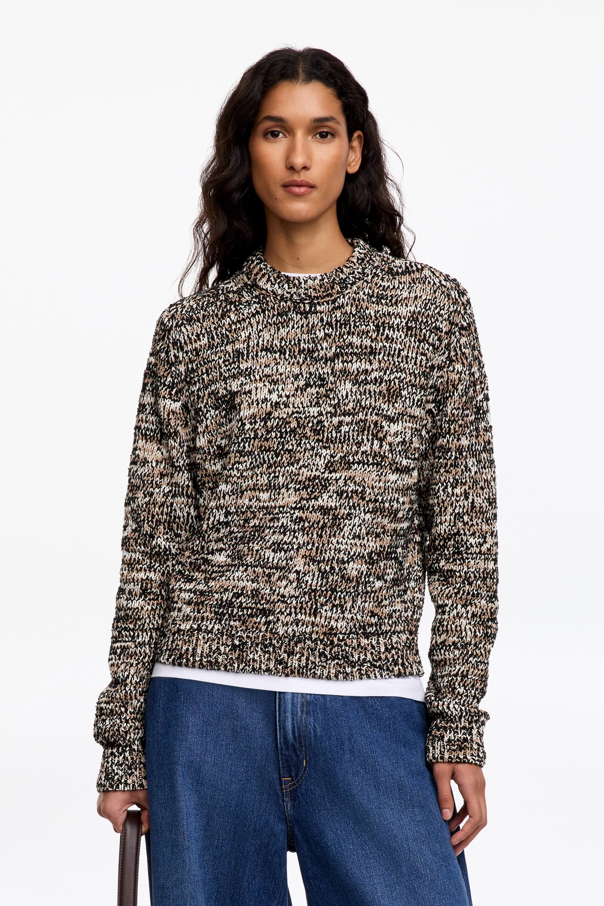 View larger image: A multi-coloured marled knit sweater, featuring black, beige and white threads, a crew neck and long sleeves, is being worn by the model. It is layered over a white T-shirt and paired with blue denim jeans.