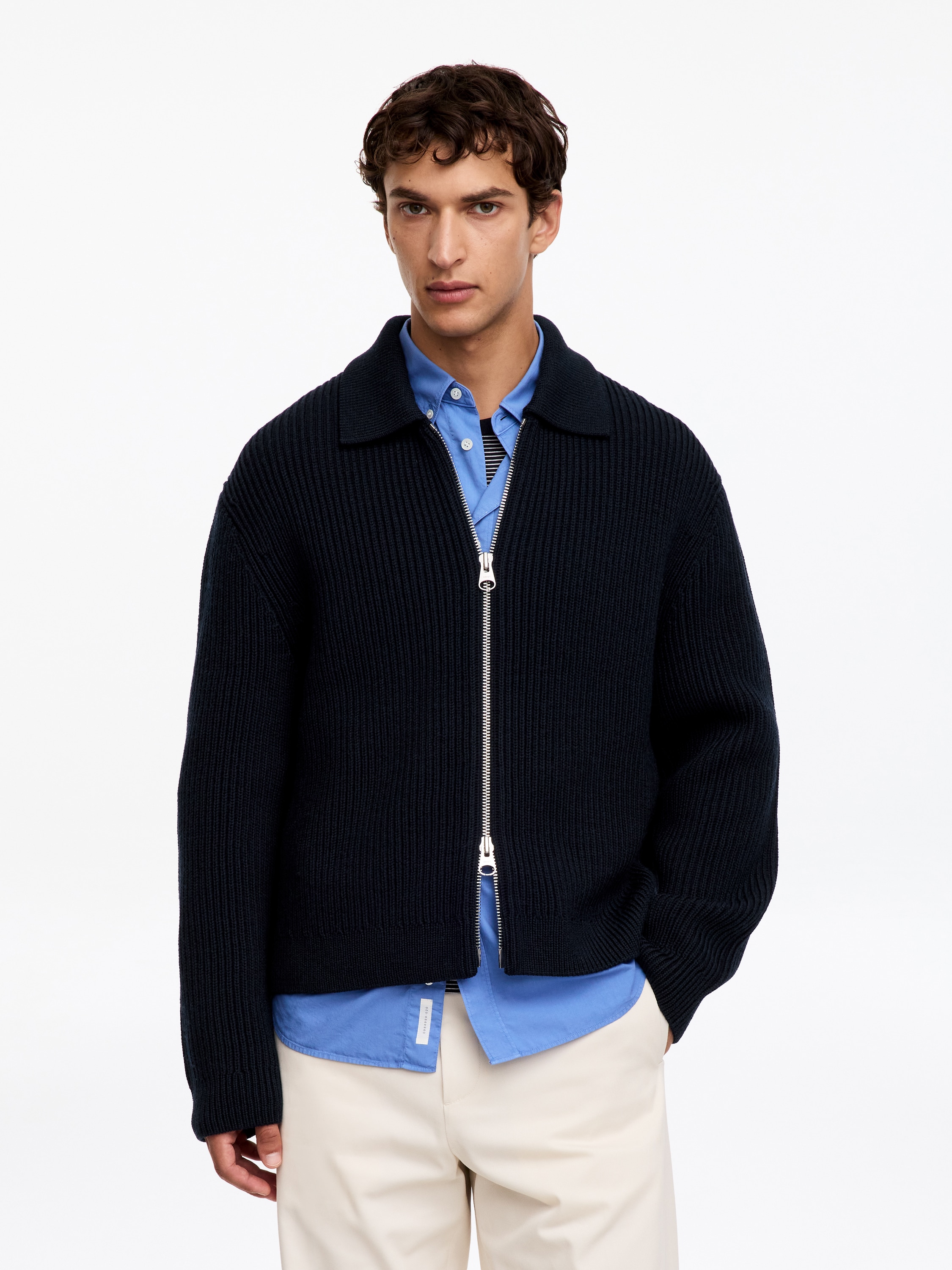 Wool Cotton Zip Cardigan - Dark Blue/Mole/Dark Green