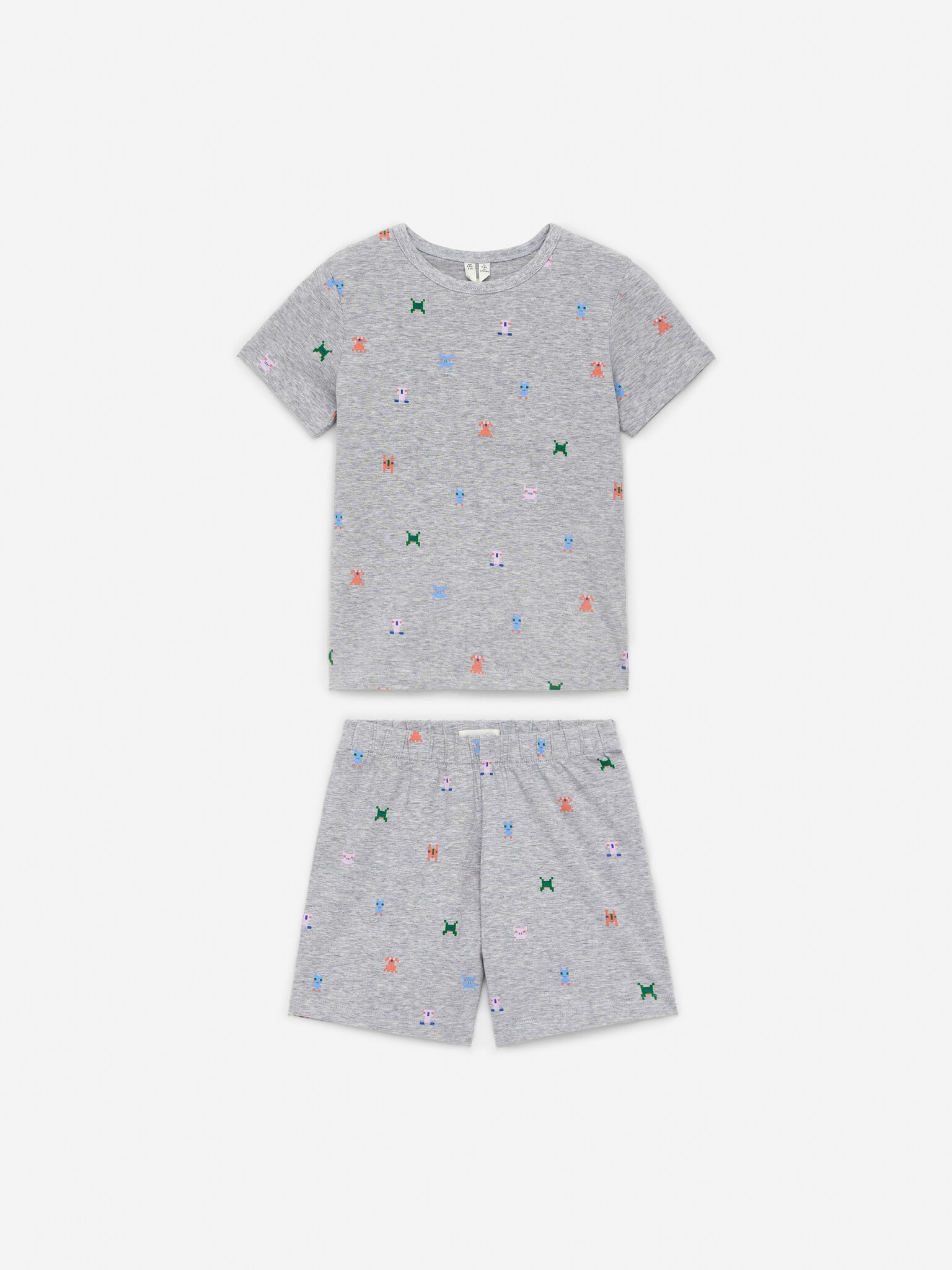 Conjunto de pijama corto de punto - Gris jaspeado/Azul/blanco/Azul claro/Verde/rayas/Blanco/Blanco/dinosaurios/Rosa/corazones rojos/Gris jaspeado/Rosa/lunares azules