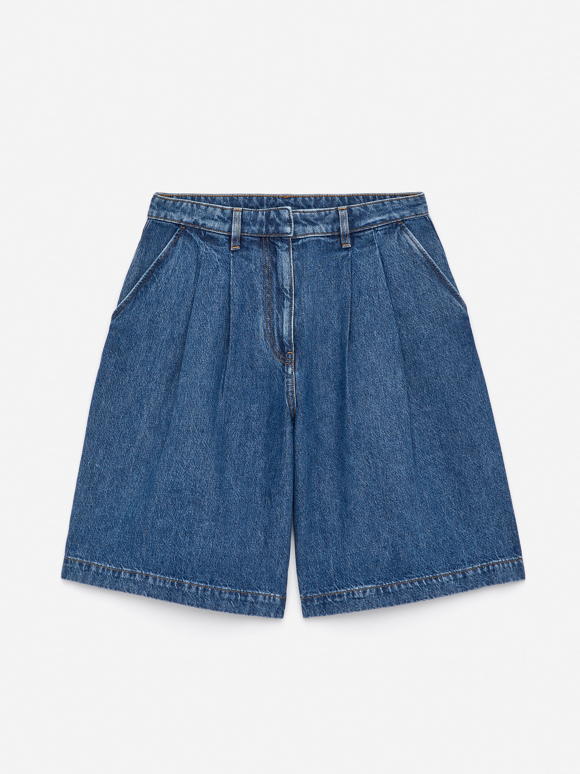 Pleated Denim Shorts - Mid Blue