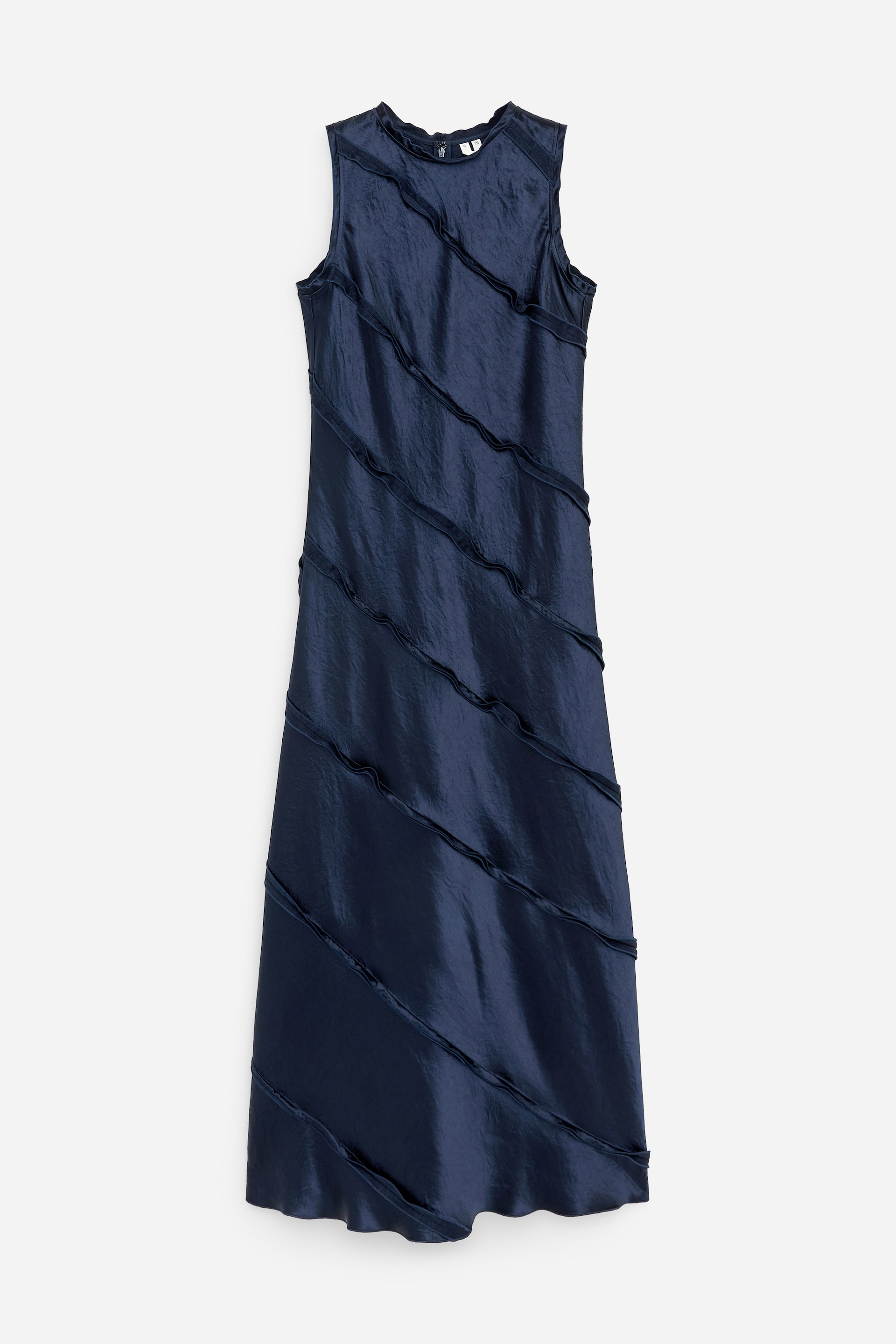 View larger image: A navy blue sleeveless dress showcases a crinkled texture with diagonal wavy seams adorning its front, complemented by a subtly wavy hemline.
