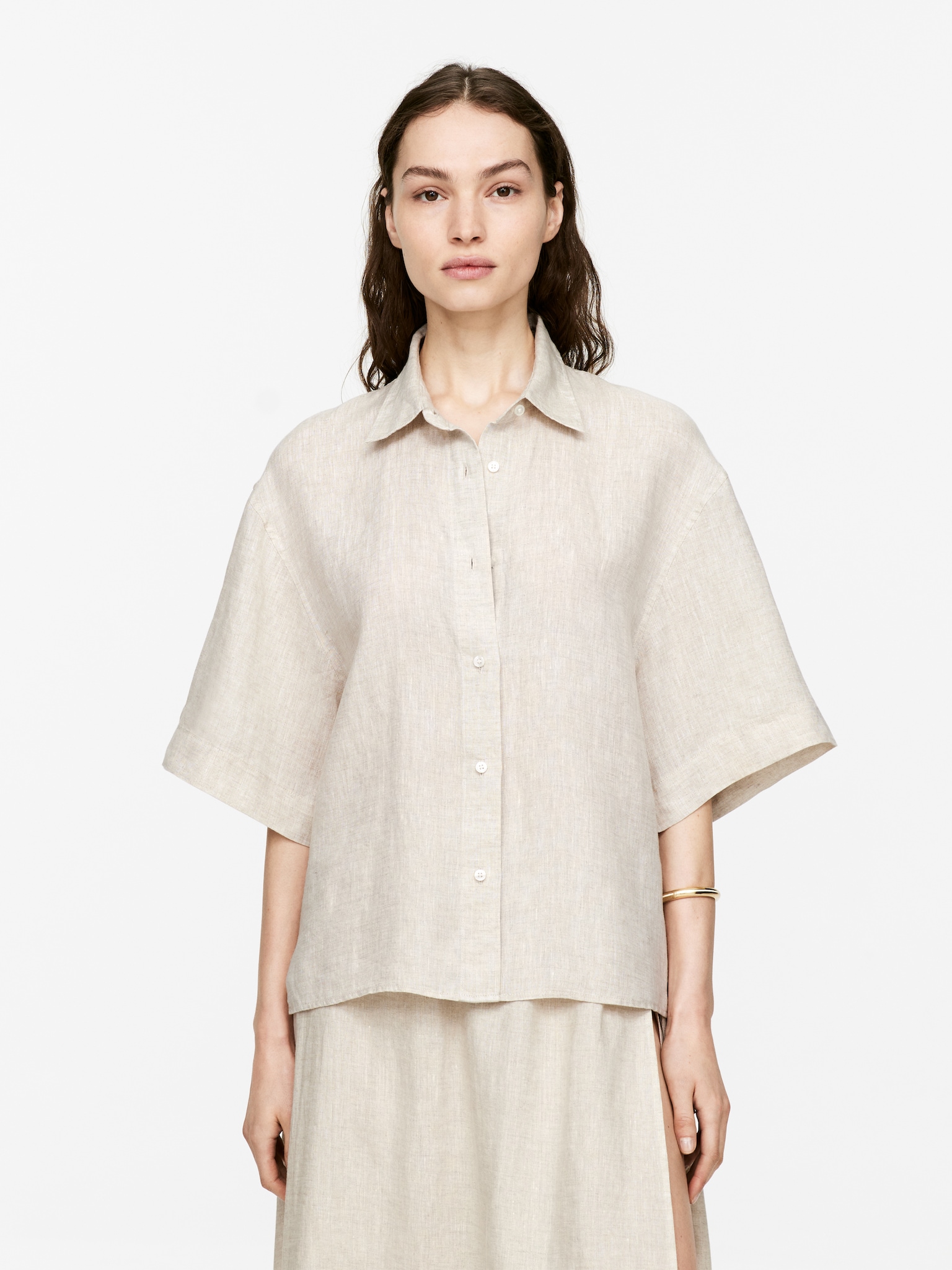 Lockeres Leinenhemd - Beige/Schwarz