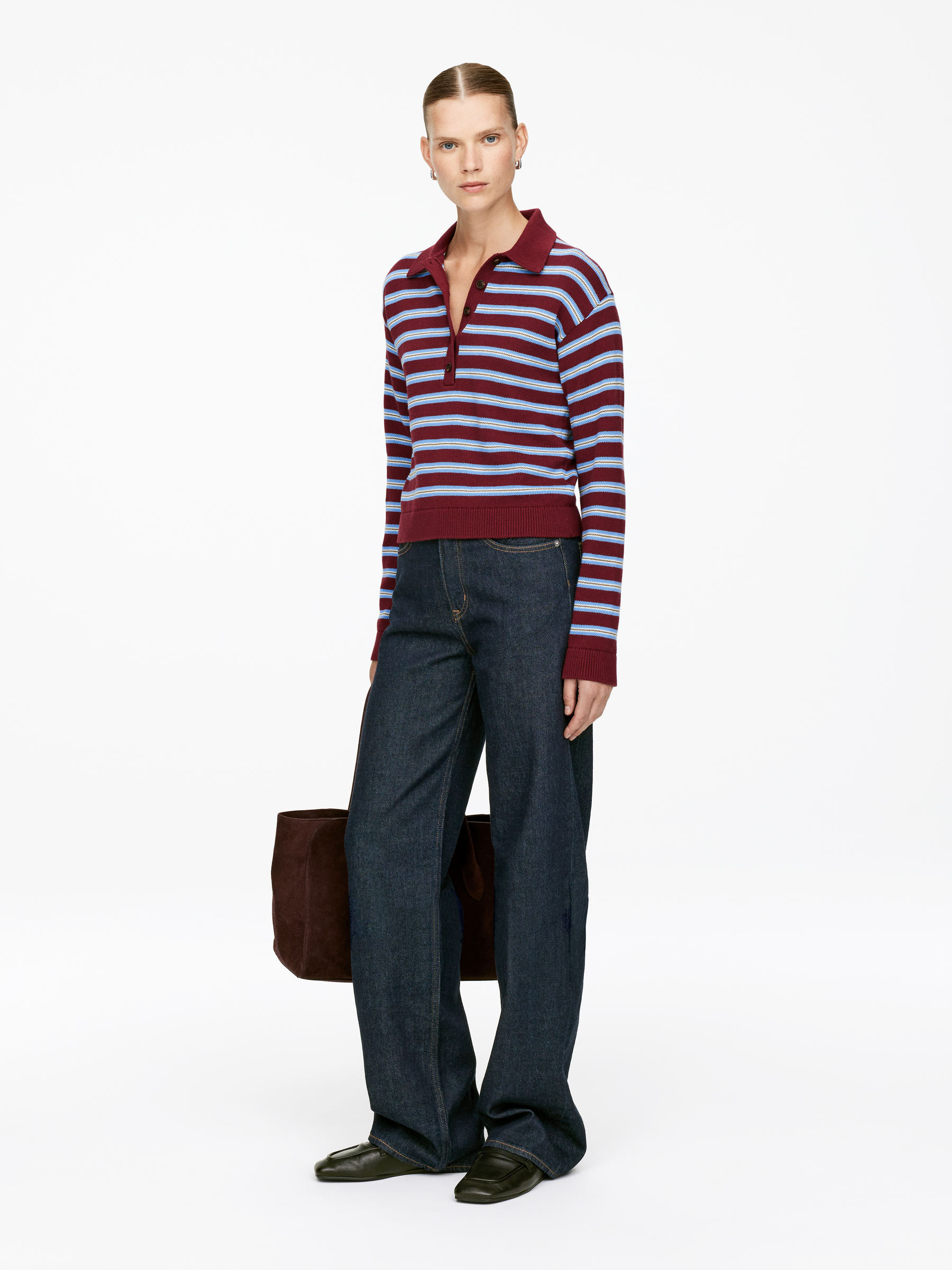 Knitted Polo Shirt - Burgundy/Blue - Regular fit - Women - StillMedia/Lookbook - 3