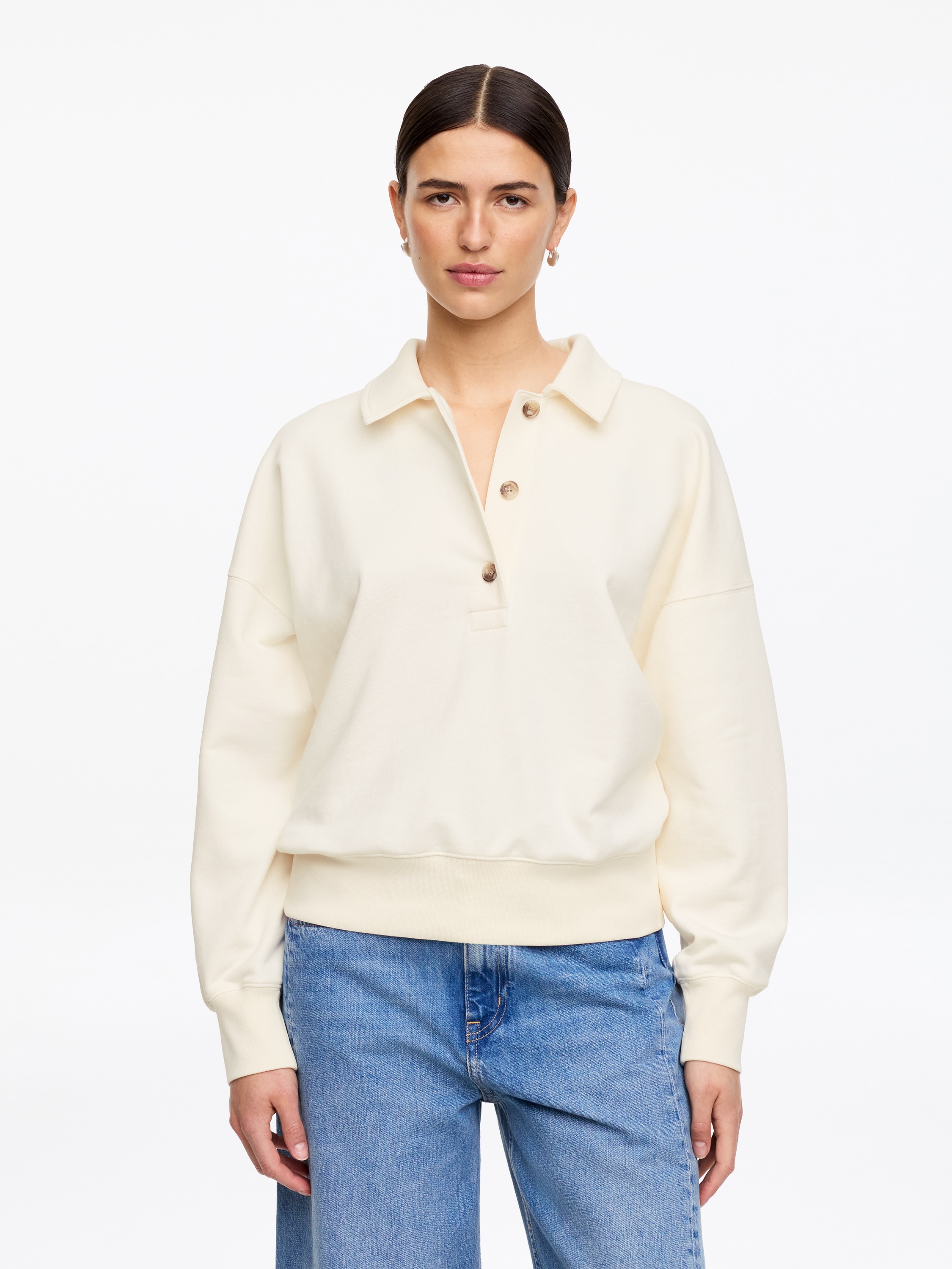 Polo-sweatshirt i fransk frotté-Råhvid