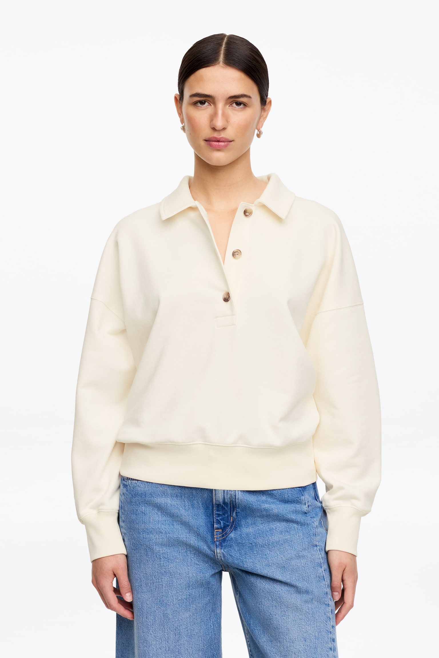 Sweatshirt van terry met polokraag - Gebroken wit/Lichtblauw/Donkerbruin - 1