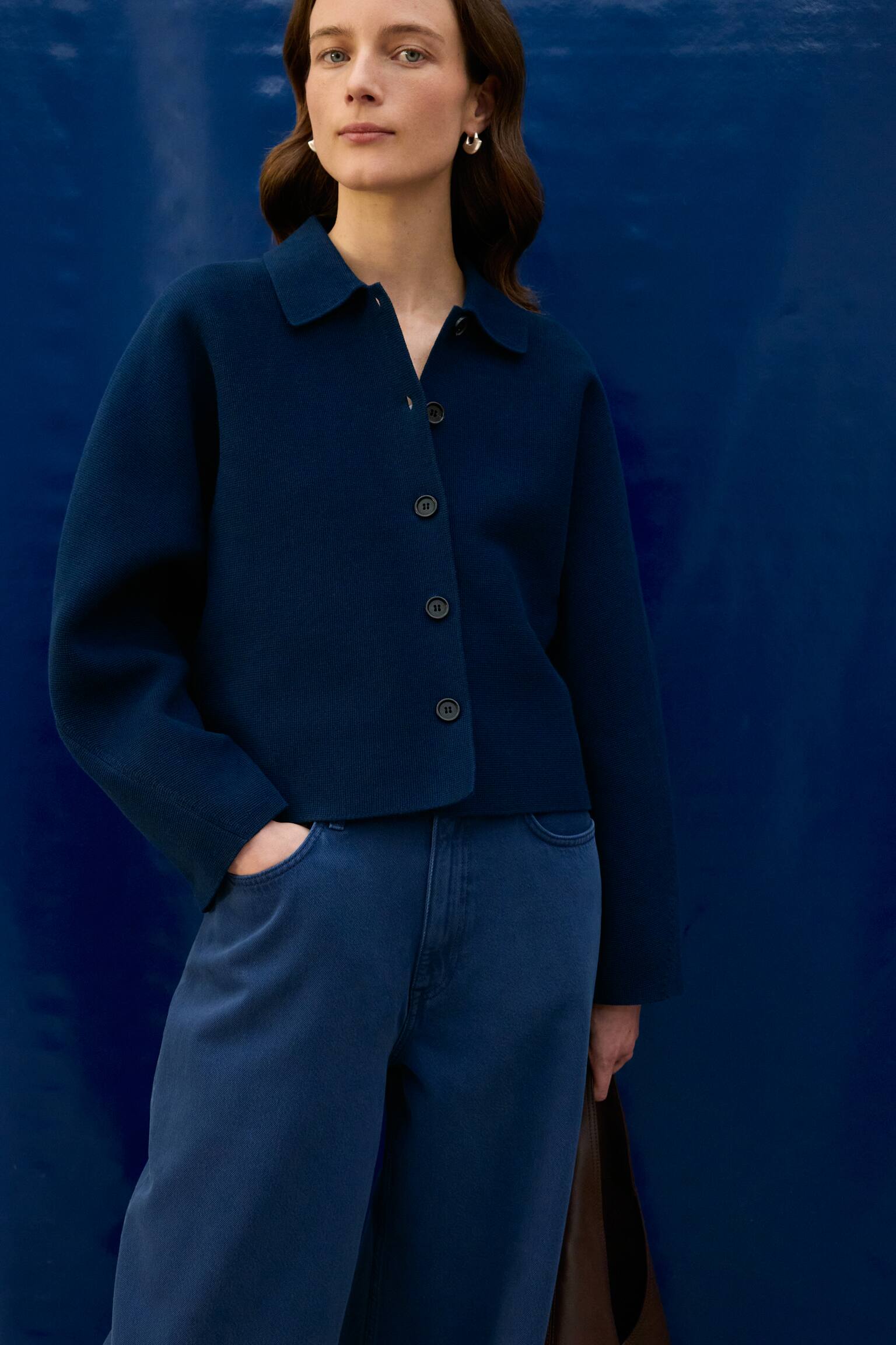 Knitted Cotton Jacket - Dark Blue/Beige - 4