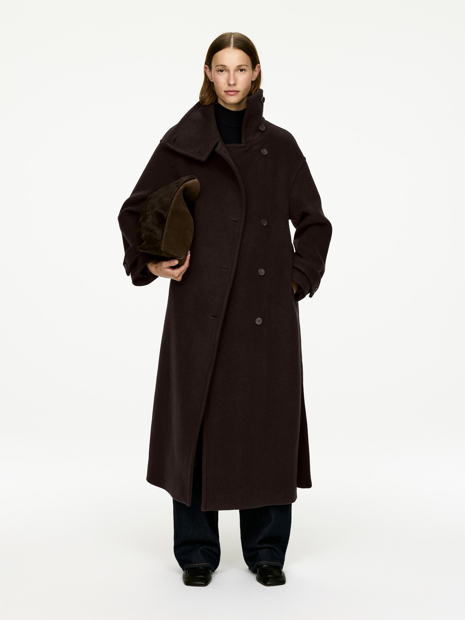Oversized Wool-Blend Coat - Dark Brown/Black