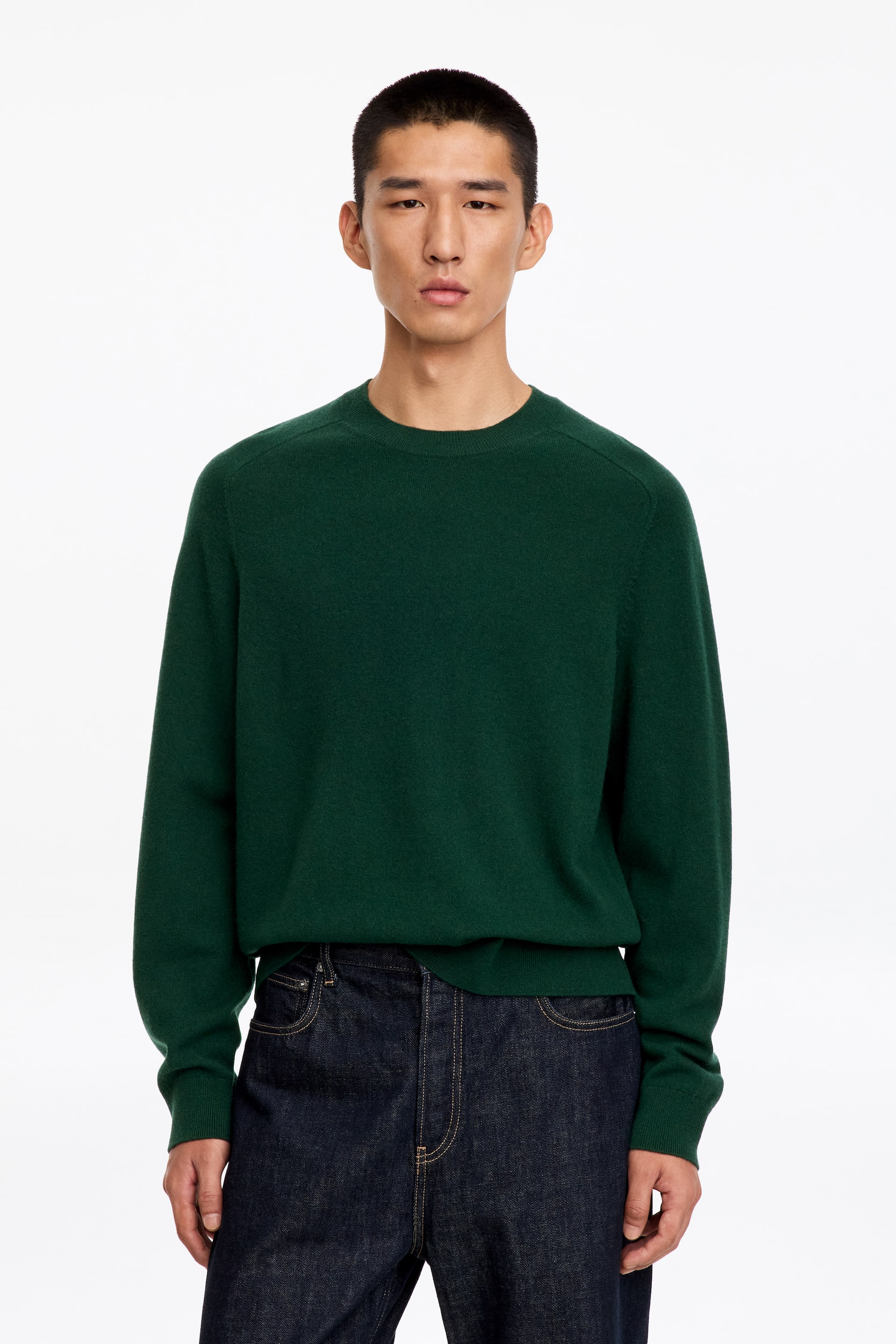 Visualizza l'immagine ingrandita: La modella indossa un maglione girocollo verde, in maglia fine, che mette in risalto una vestibilità regolare con bordi a coste sullo scollo e sui polsini. Il maglione è leggermente infilato in vita in jeans denim scuro.