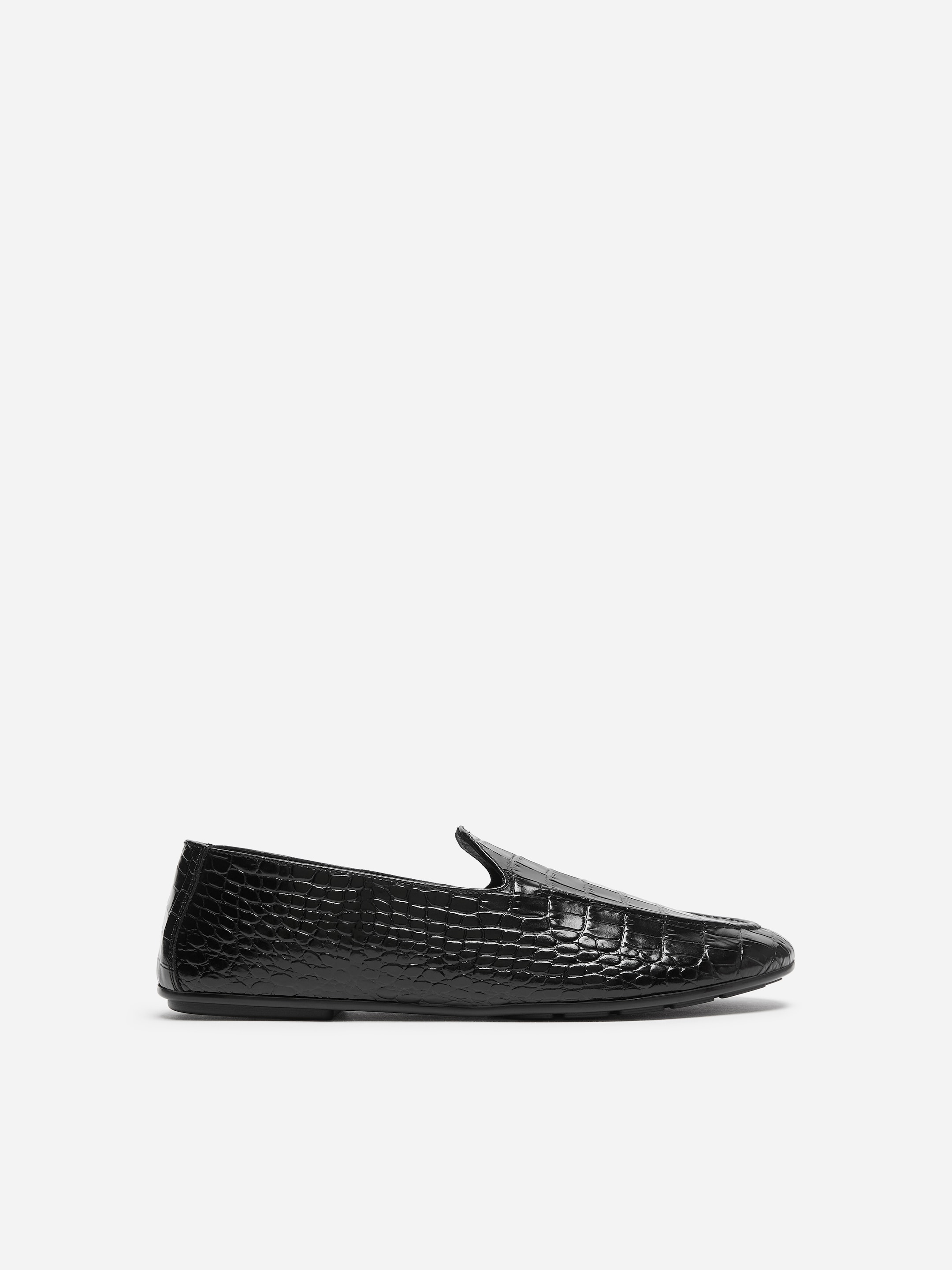Croc-Embossed Leather Loafers-Black-20347