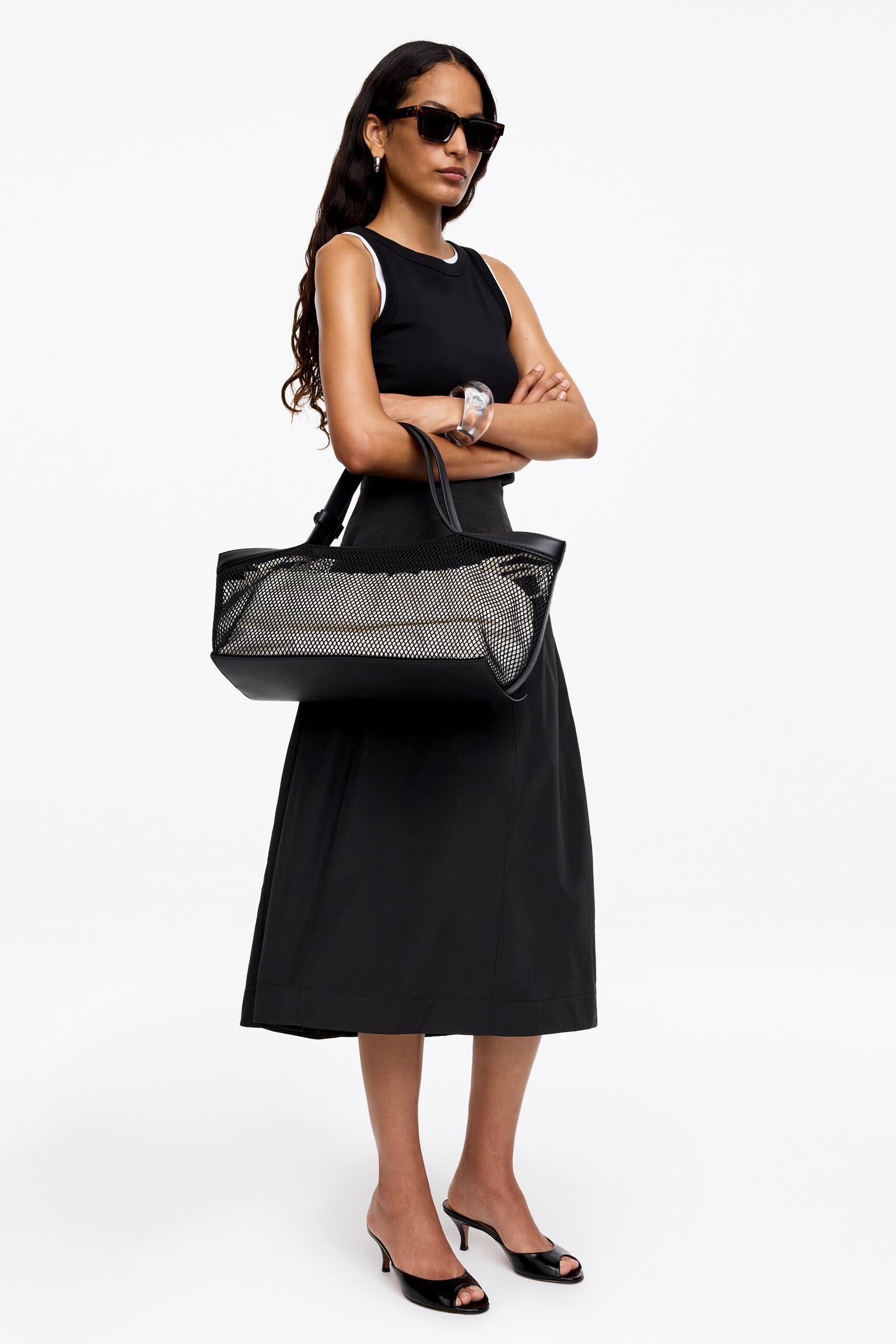 Midi sukně s pasem - Černá - 3