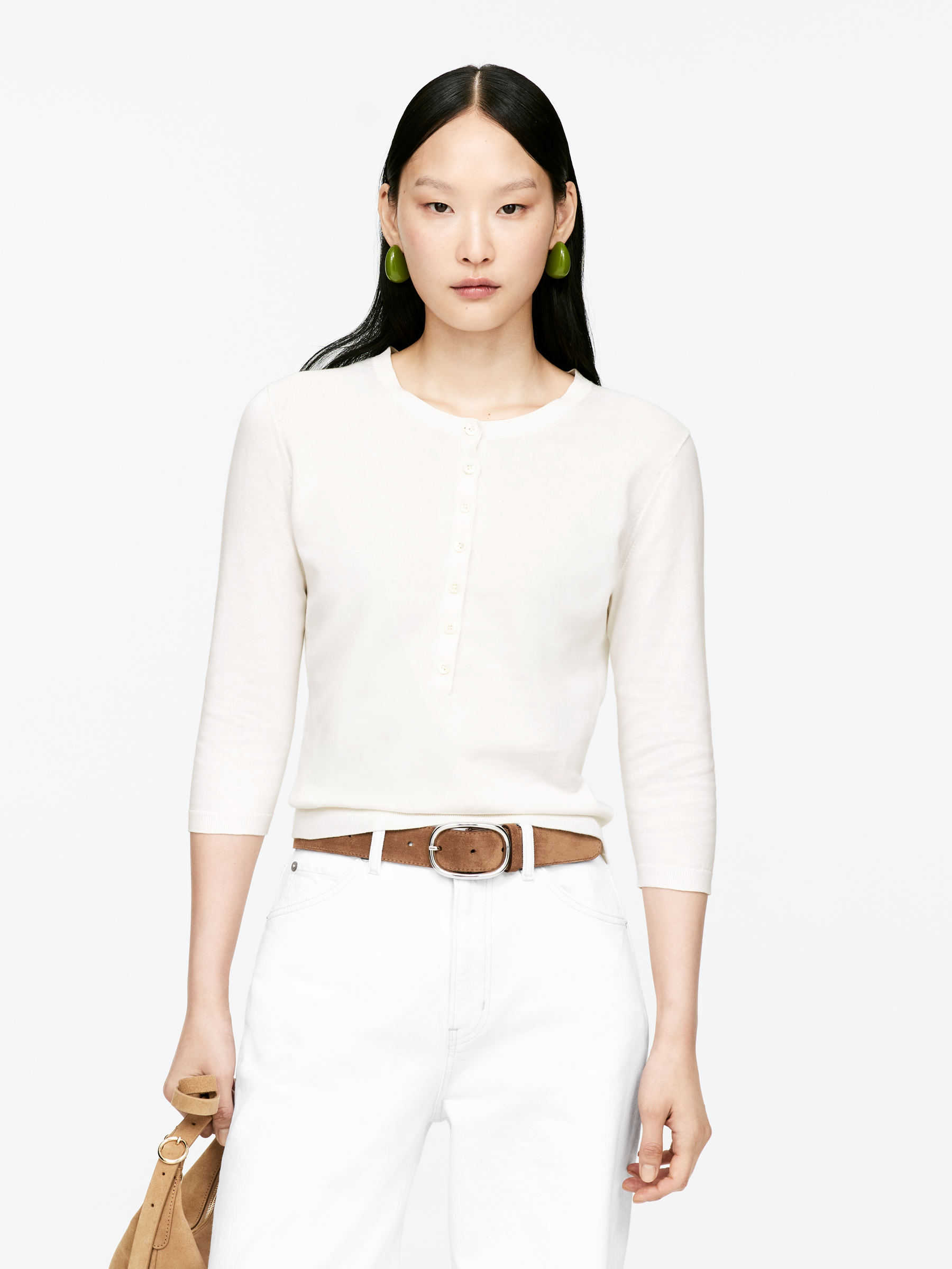 Cotton Henley Top-#FFFFFF-15825