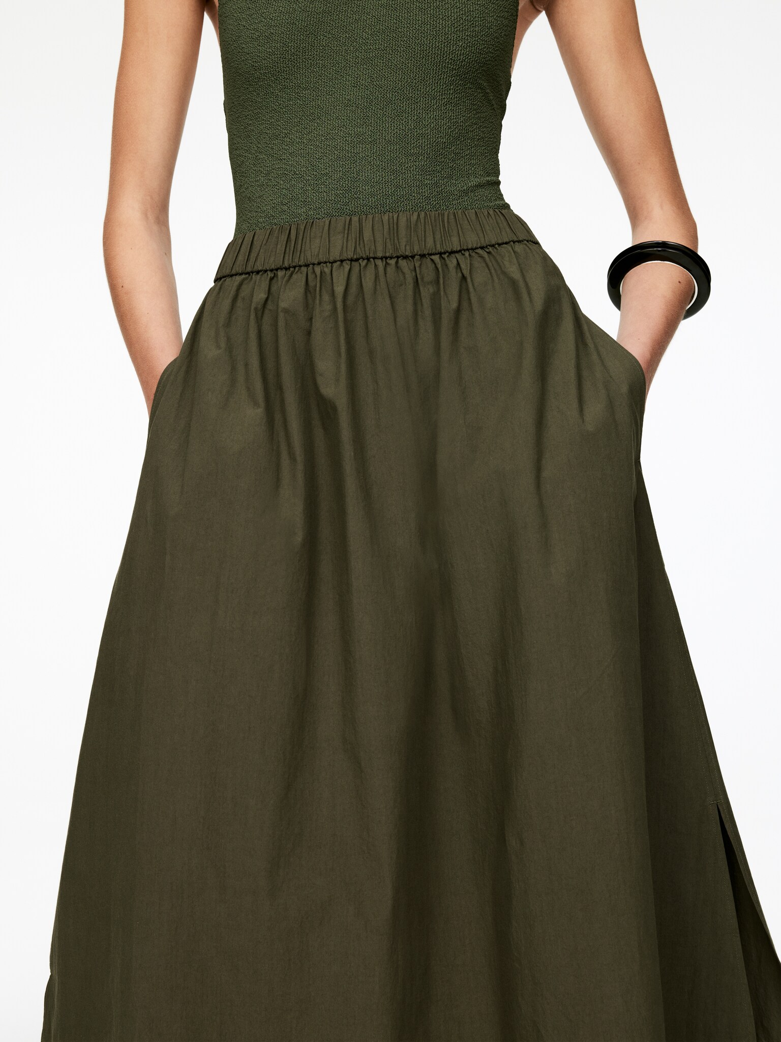Trapezowa bawełniana spódnica - Zielony khaki/Czarny - 5