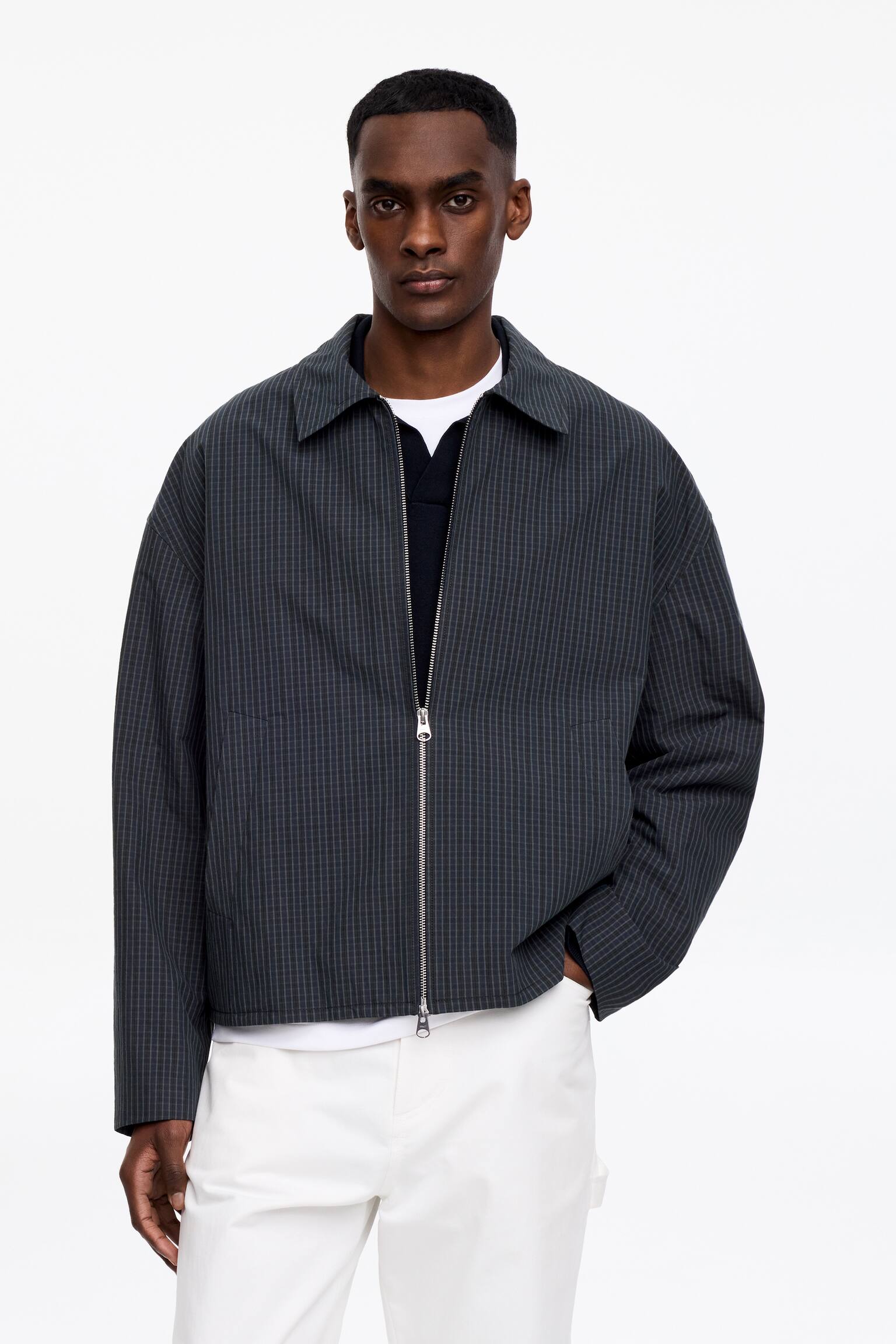 Giacca con cerniera in misto cotone - Blu scuro/Motivo a quadri - 5