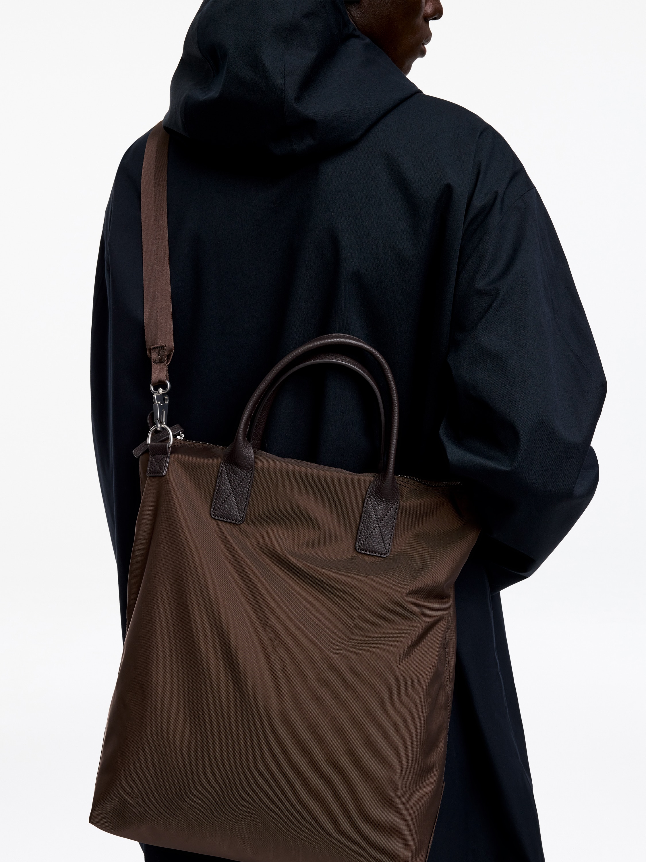 Nylon Leather Tote Bag - Dark Brown/Black