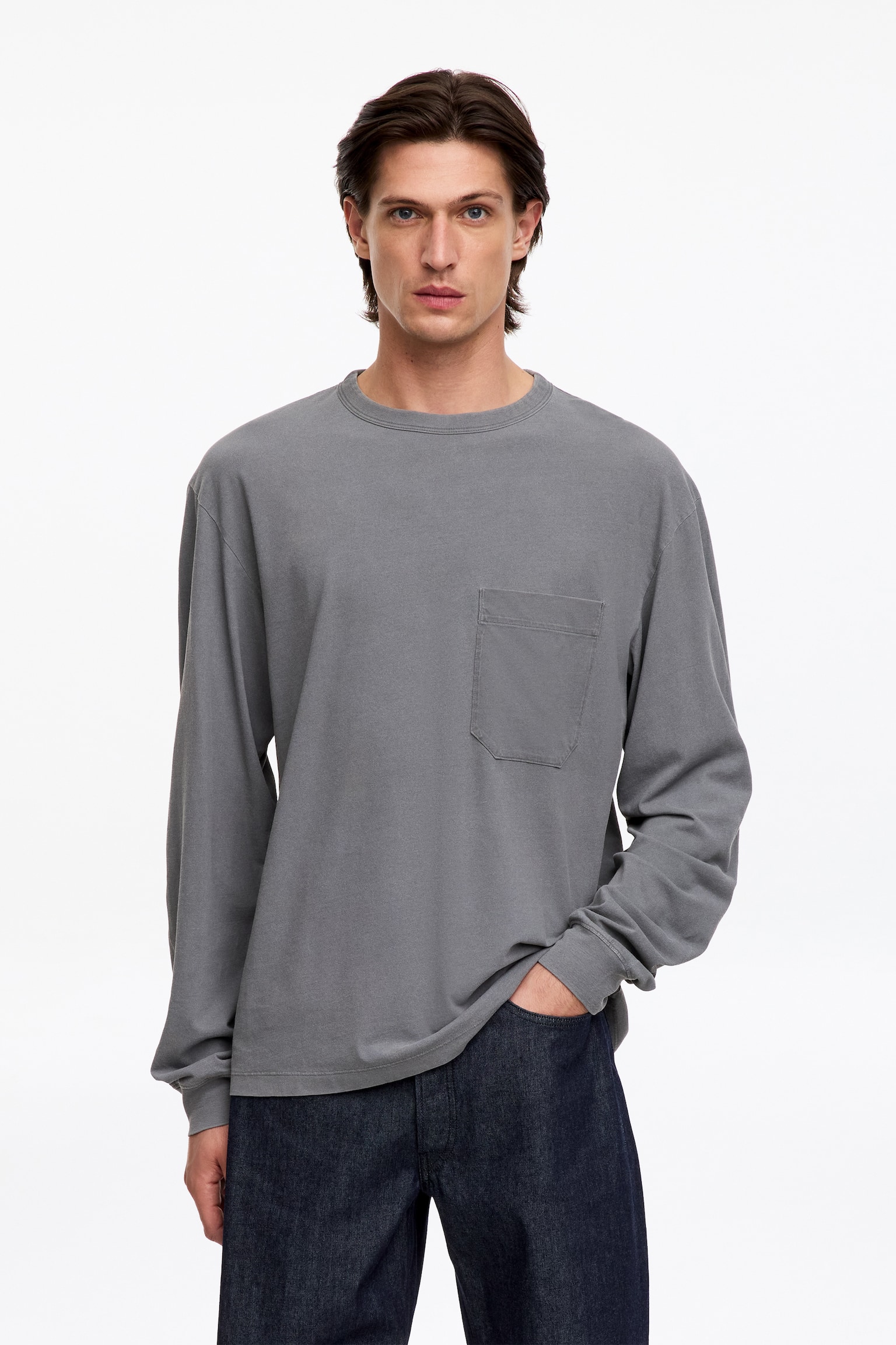 Χαλαρή Μακρυμάνικη Μπλούζα T-Shirt - Γκρι/Μουσταρδί - 1