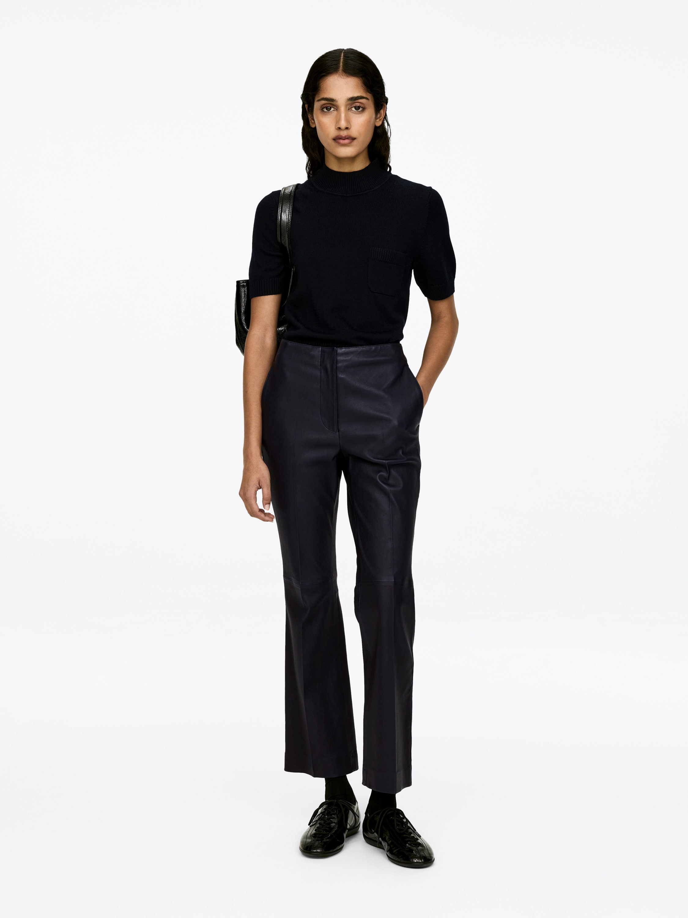 Kick-Flare Leather Trousers-#0A041F-14287