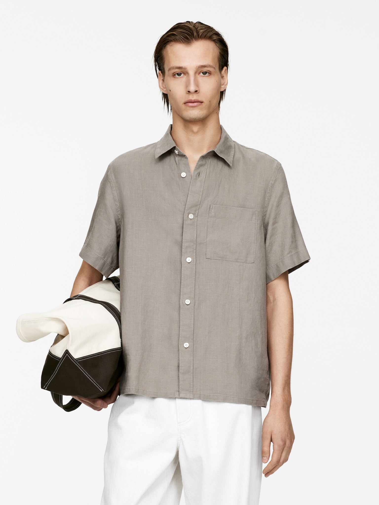 Camisa de lino holgada - Gris/Azul claro