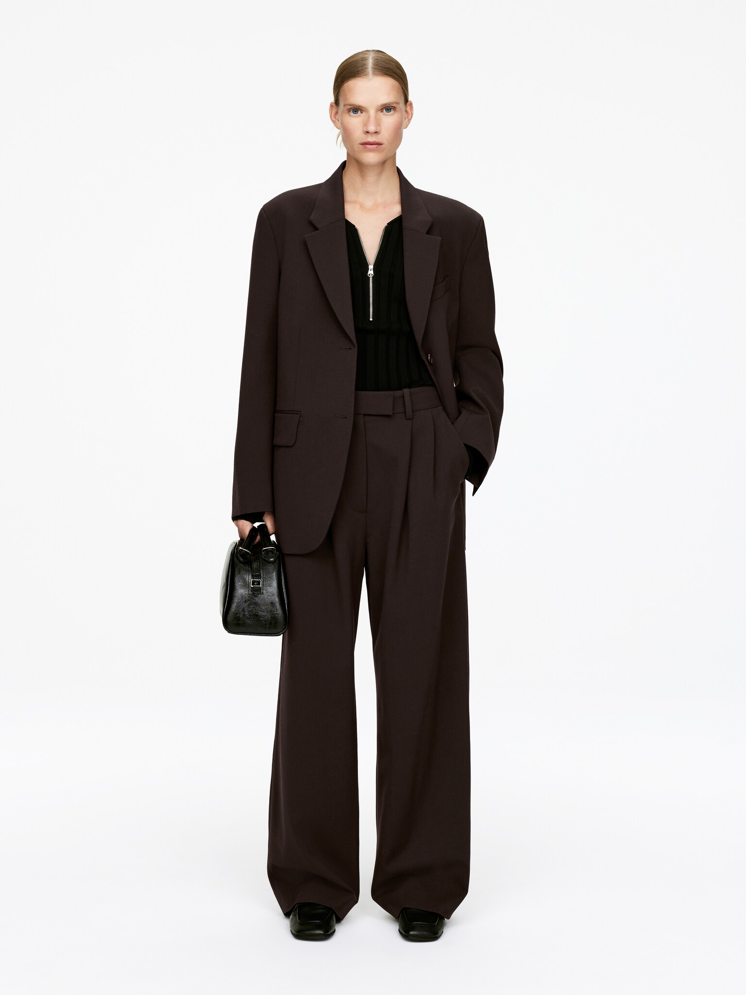 Wide-Leg Tailored Trousers - Dark Brown/Black