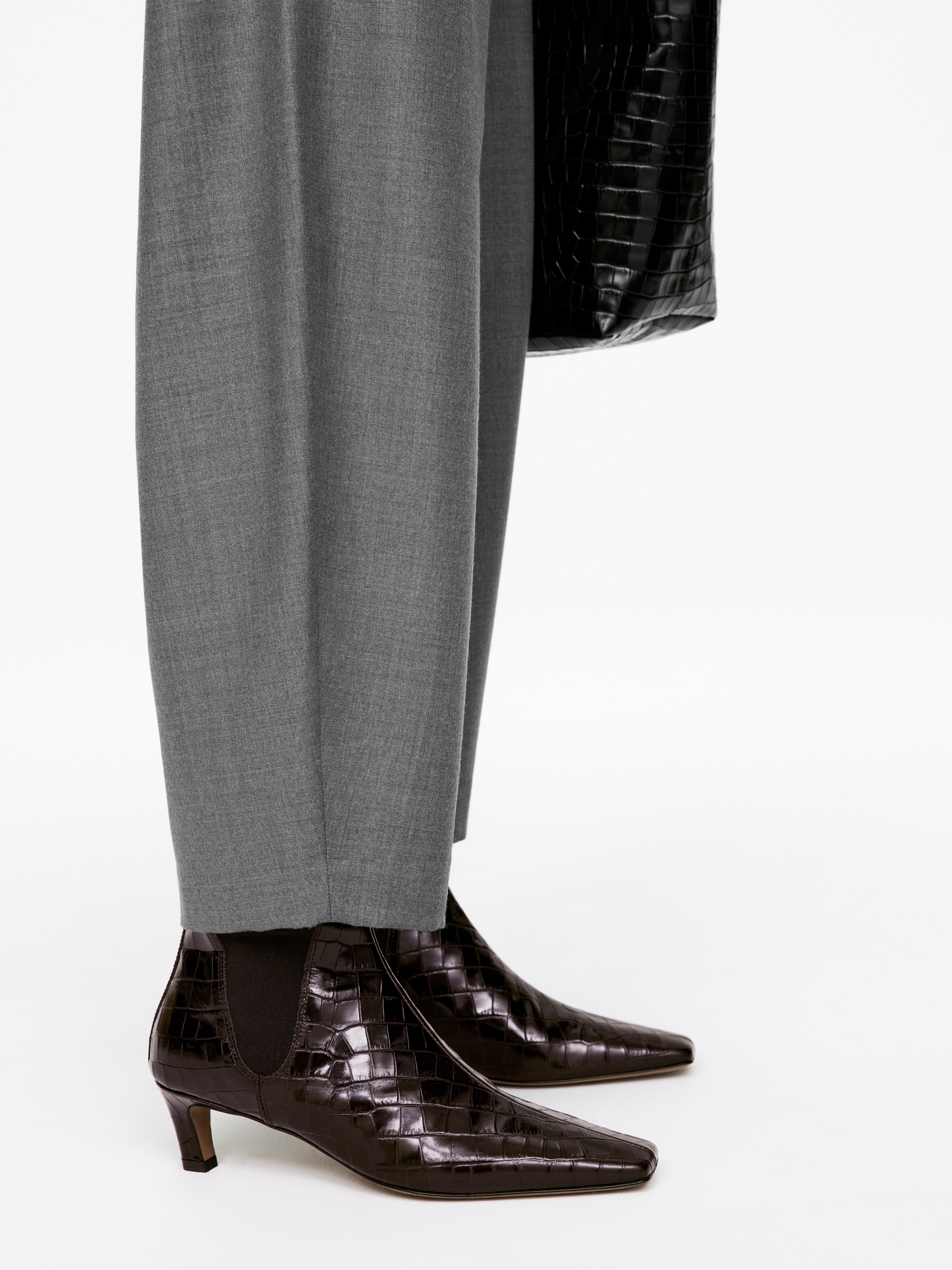 Square-Toe Ankle Boots - Brown/Faux Crocodile