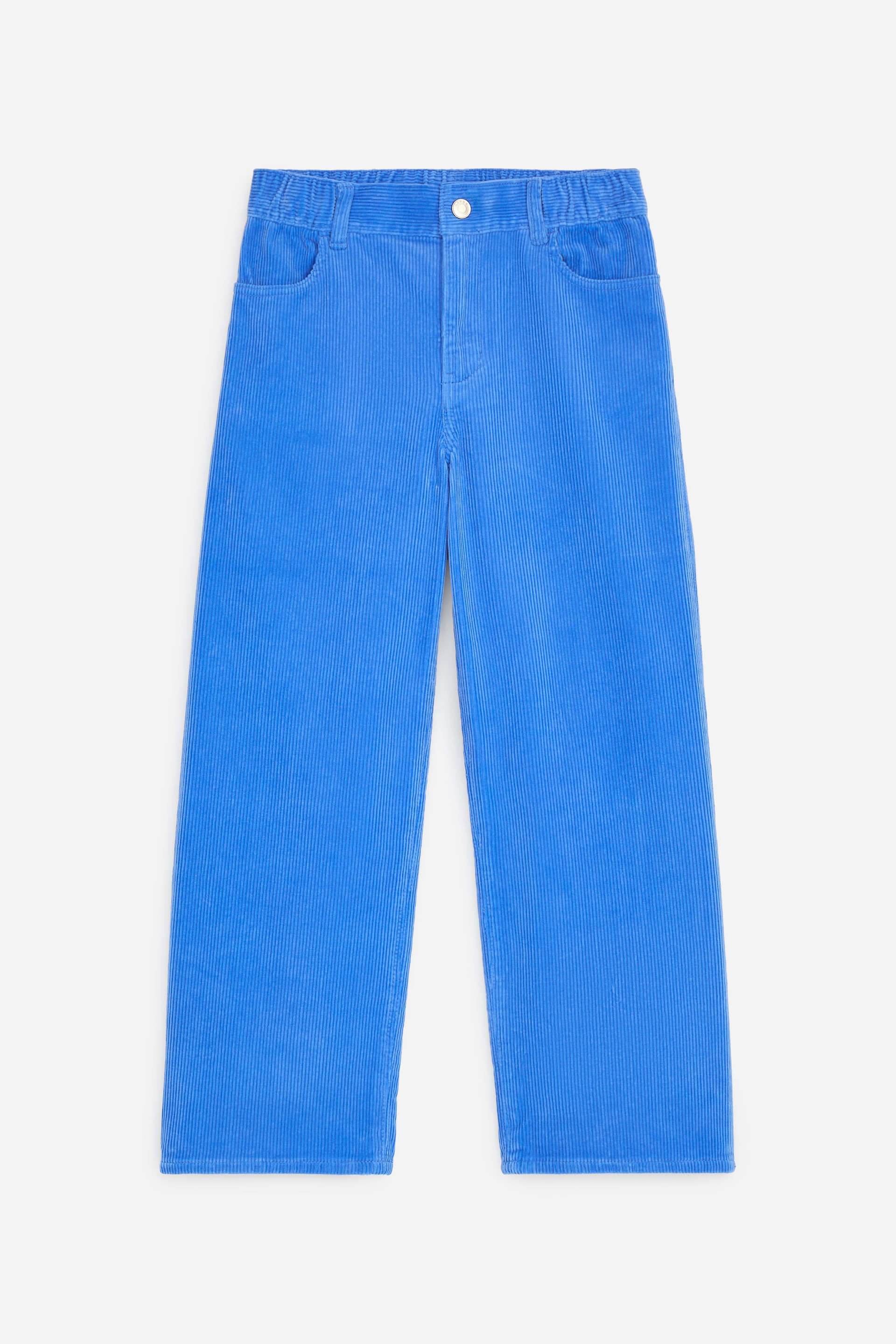 Visualizza immagine più grande: Questi pantaloni in velluto a coste blu, visti dal davanti, presentano una vestibilità a gamba larga e una superficie in velluto a coste testurizzata. Sono progettati con uno stile a quattro tasche, una zip frontale visibile e una chiusura con bottone a pressione in vita.
