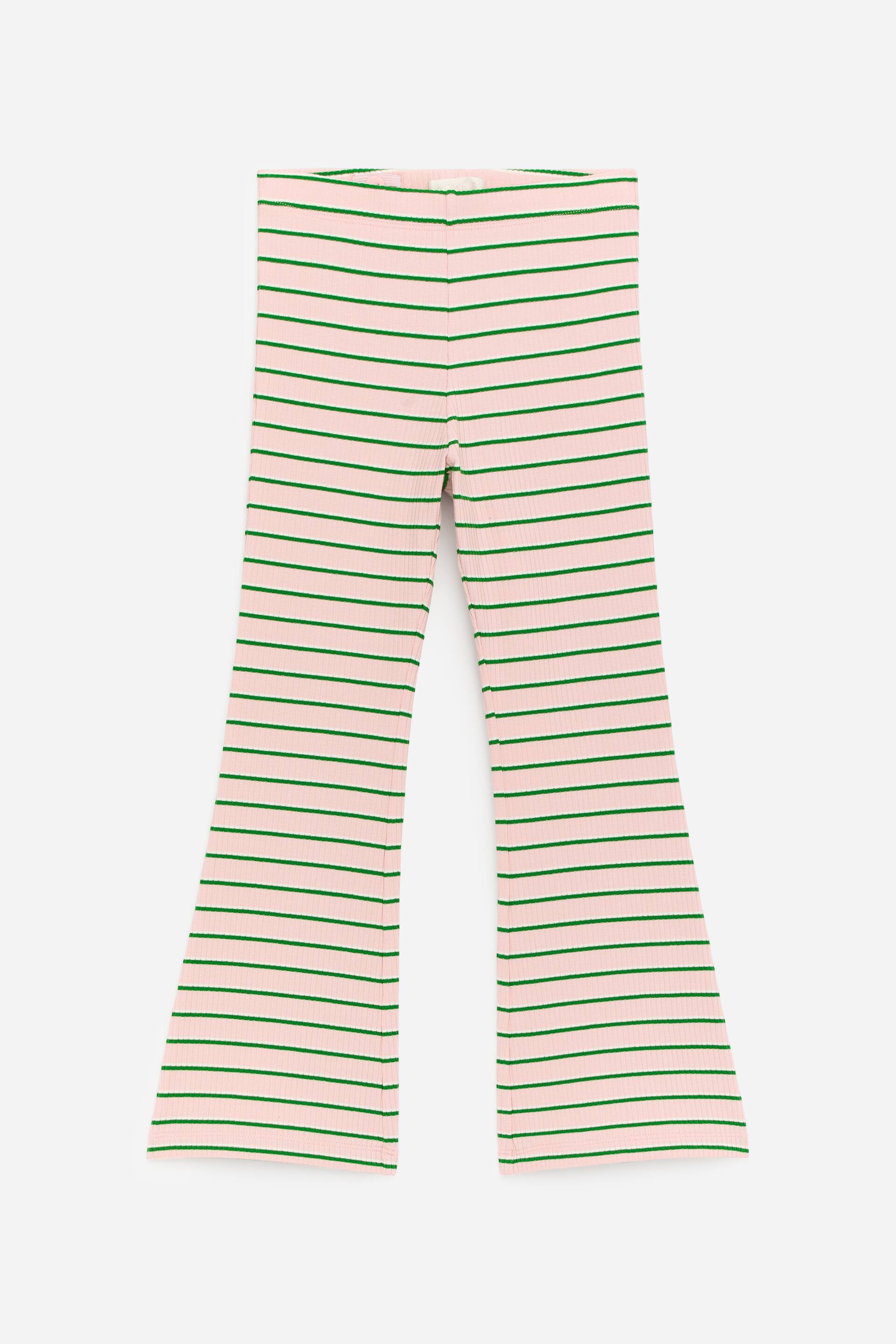 Visa större bild: Ribbade leggings visar ett mönster av rosa och gröna horisontella ränder. De har en åtsittande midja och utsvängda ben, presenterade framifrån.