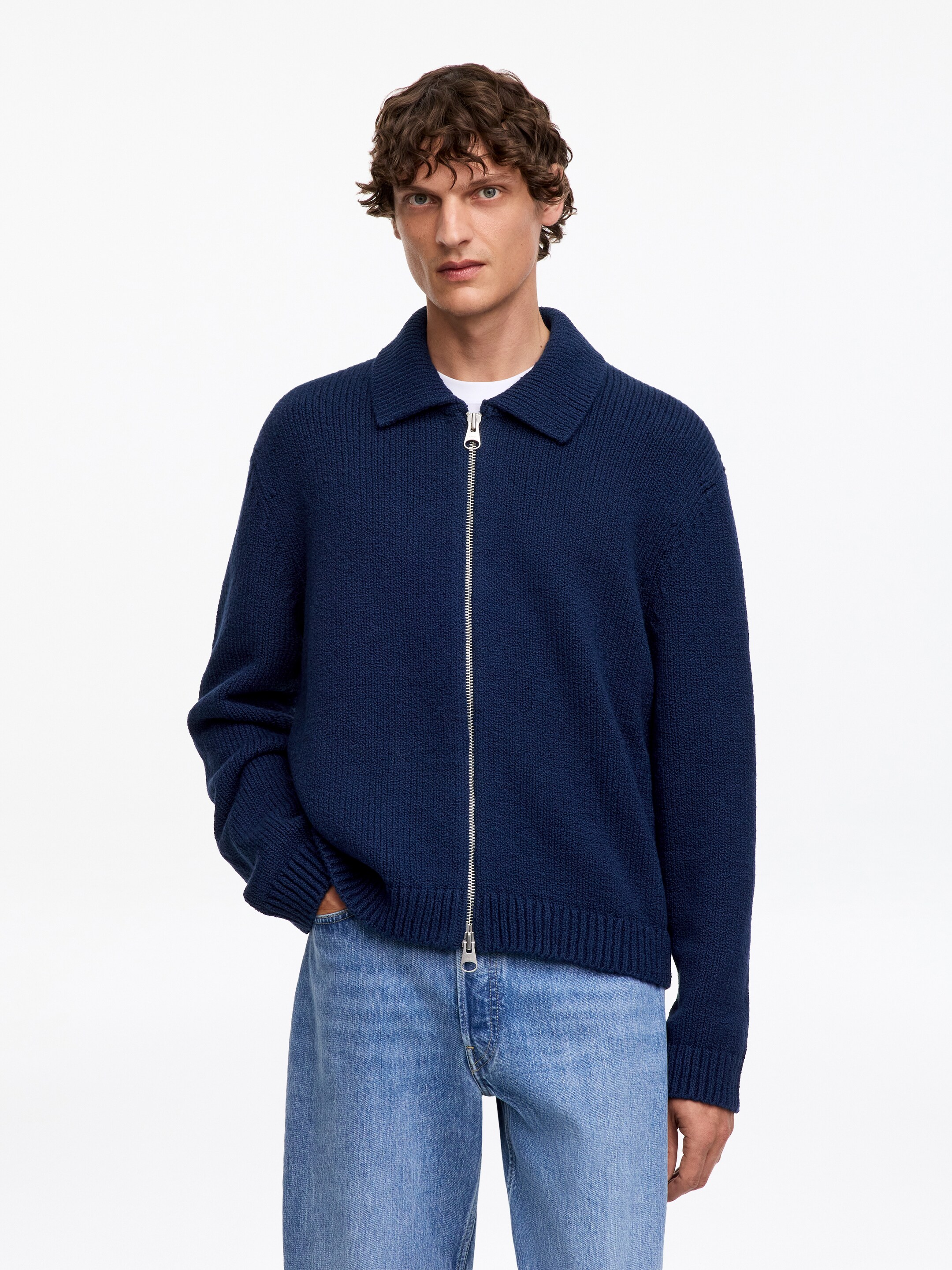 Cotton Blend Zip Cardigan-Blue-19975