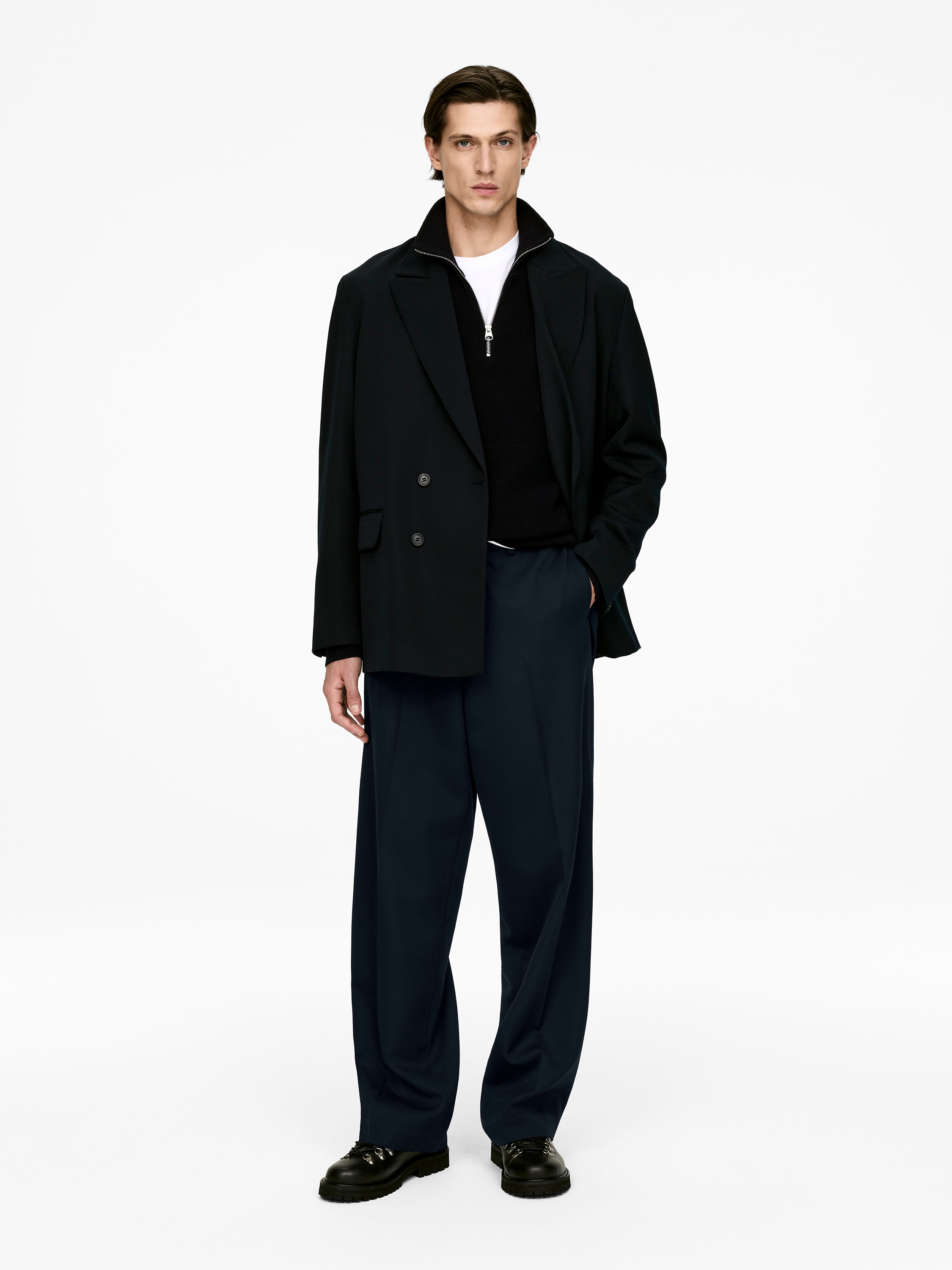 Pantaloni in lana dalla vestibilità ampia - Blu scuro/Grigio scuro